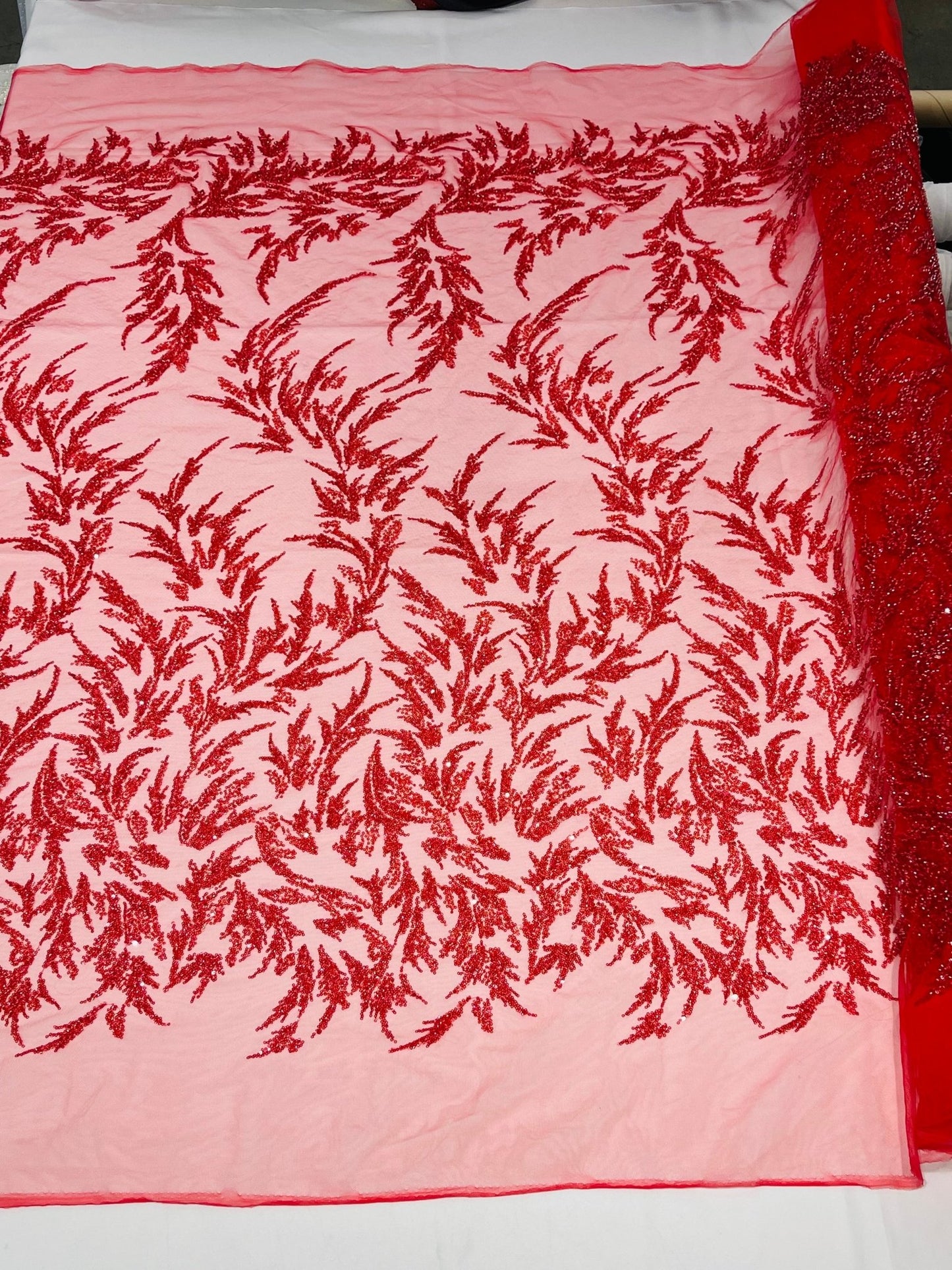 FASHION VINE BEADED LACE ON A MESH FABRIC (By The Yard) - New Creations Fabric & Foam Inc