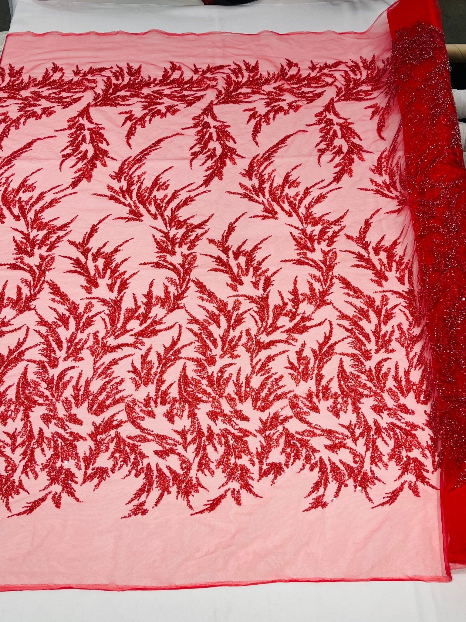 FASHION VINE BEADED LACE ON A MESH FABRIC (By The Yard) - New Creations Fabric & Foam Inc