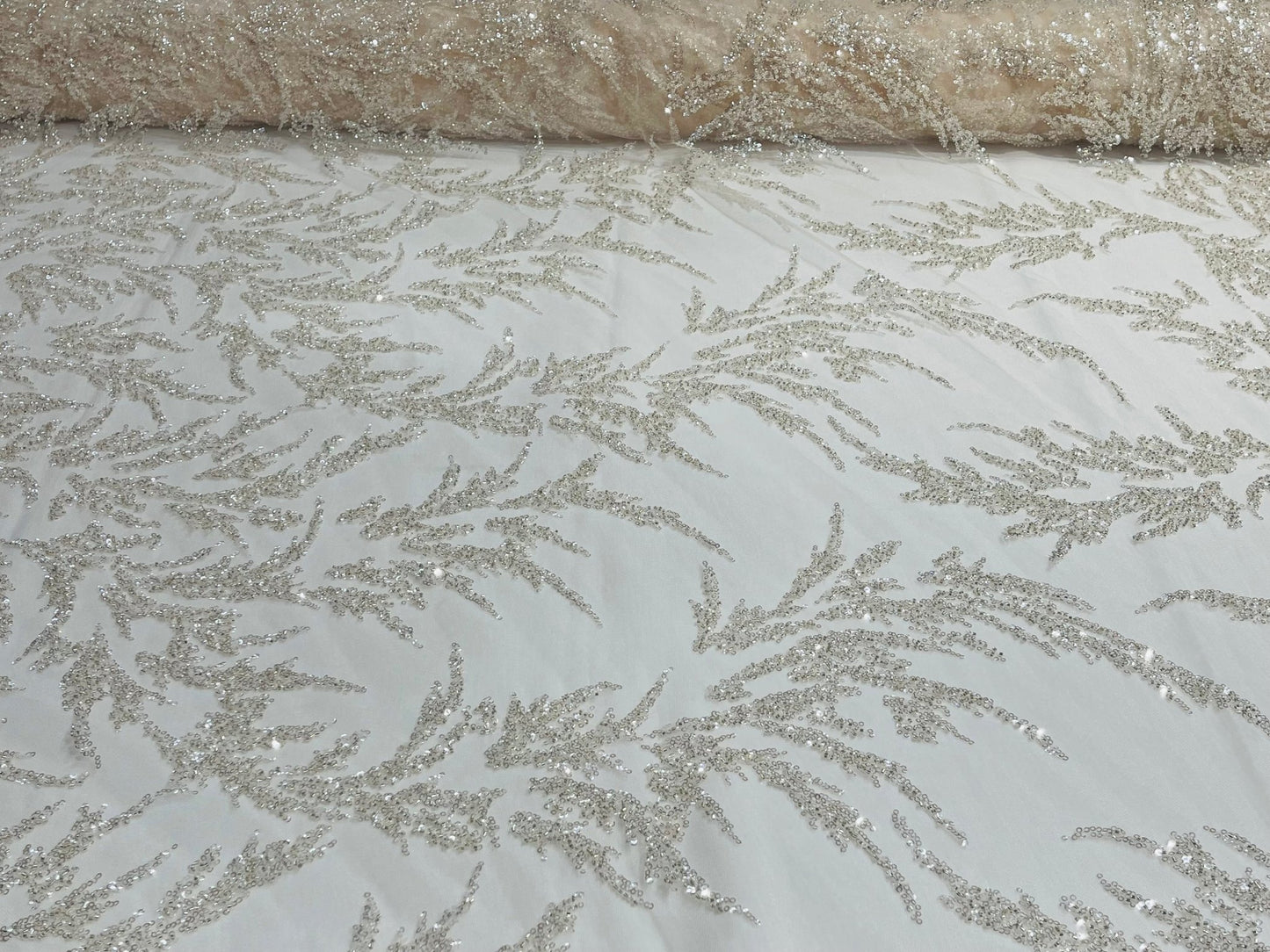 FASHION VINE BEADED LACE ON A MESH FABRIC (By The Yard) - New Creations Fabric & Foam Inc