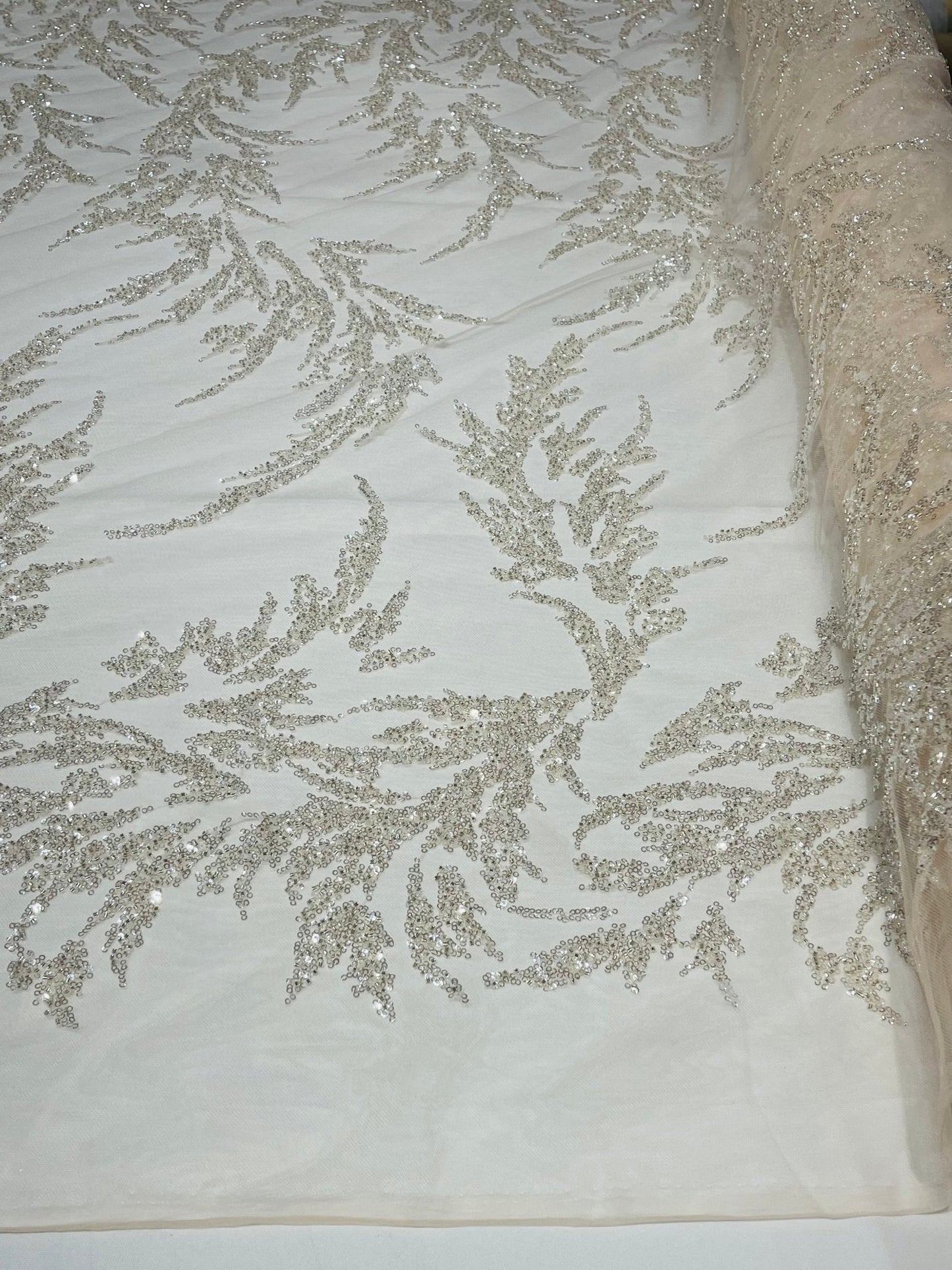 FASHION VINE BEADED LACE ON A MESH FABRIC (By The Yard) - New Creations Fabric & Foam Inc