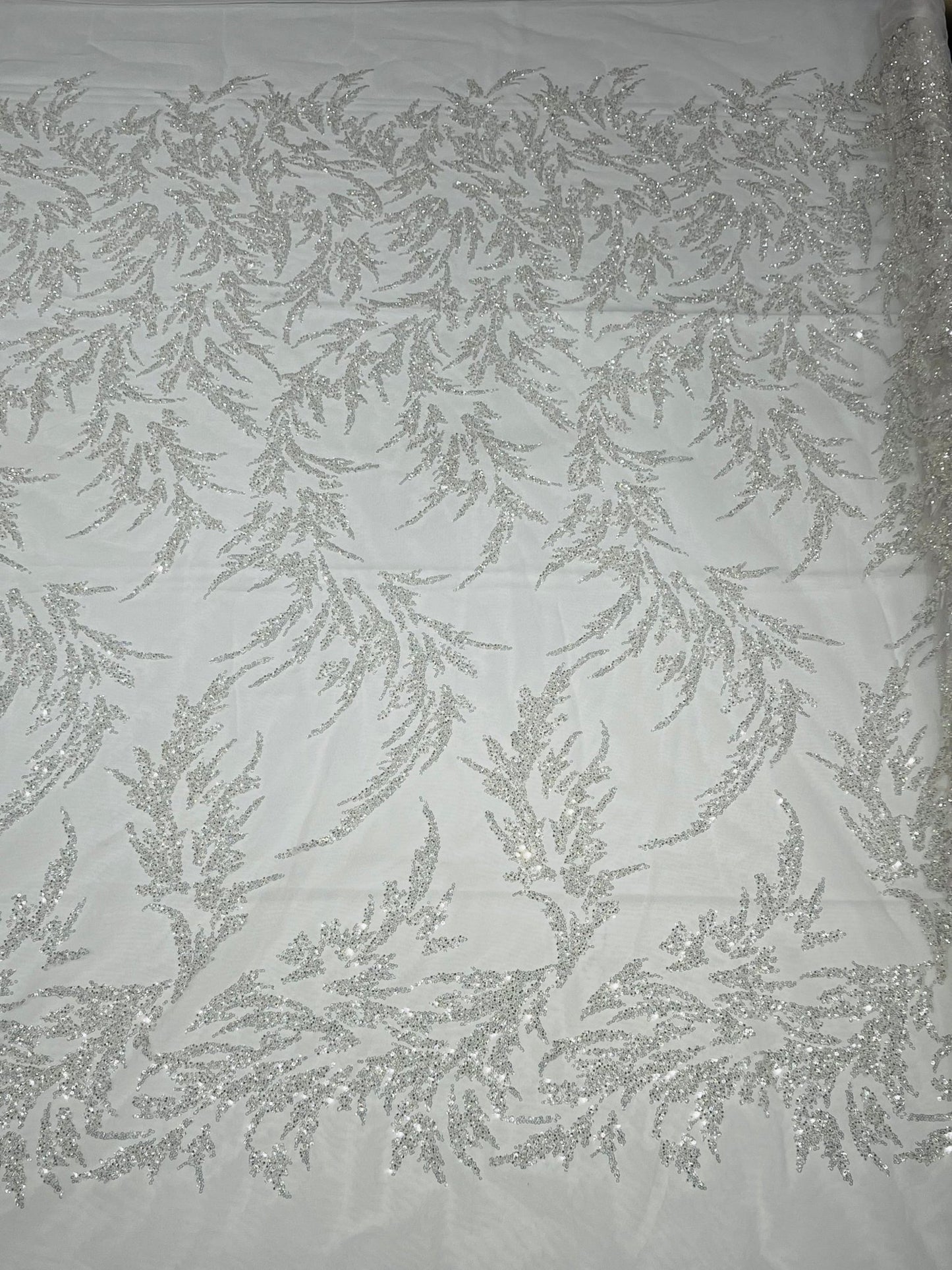 FASHION VINE BEADED LACE ON A MESH FABRIC (By The Yard) - New Creations Fabric & Foam Inc