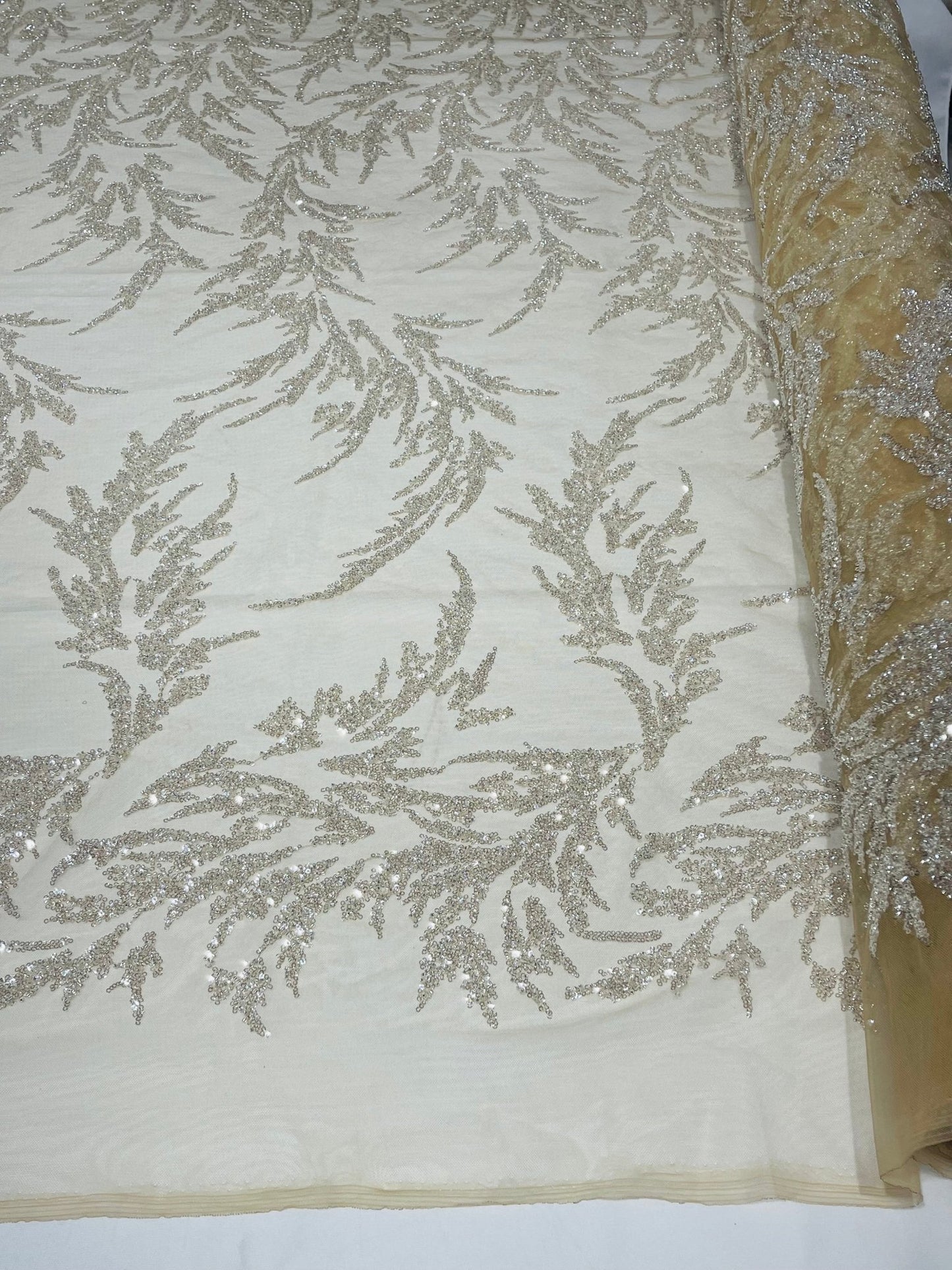 FASHION VINE BEADED LACE ON A MESH FABRIC (By The Yard) - New Creations Fabric & Foam Inc