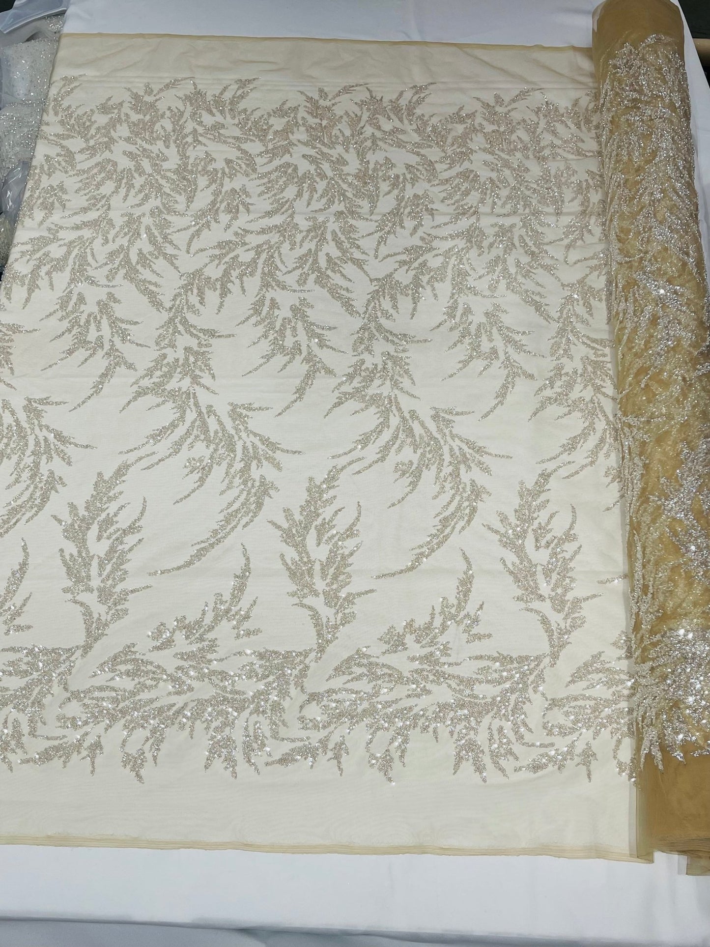 FASHION VINE BEADED LACE ON A MESH FABRIC (By The Yard) - New Creations Fabric & Foam Inc