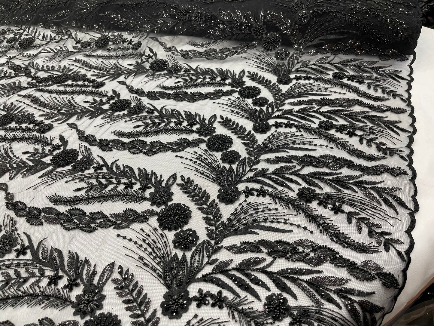 Feather and Vine Beaded Lace Fabric 54” Wide| New Creations Fabric & Foam Inc. - New Creations Fabric & Foam Inc