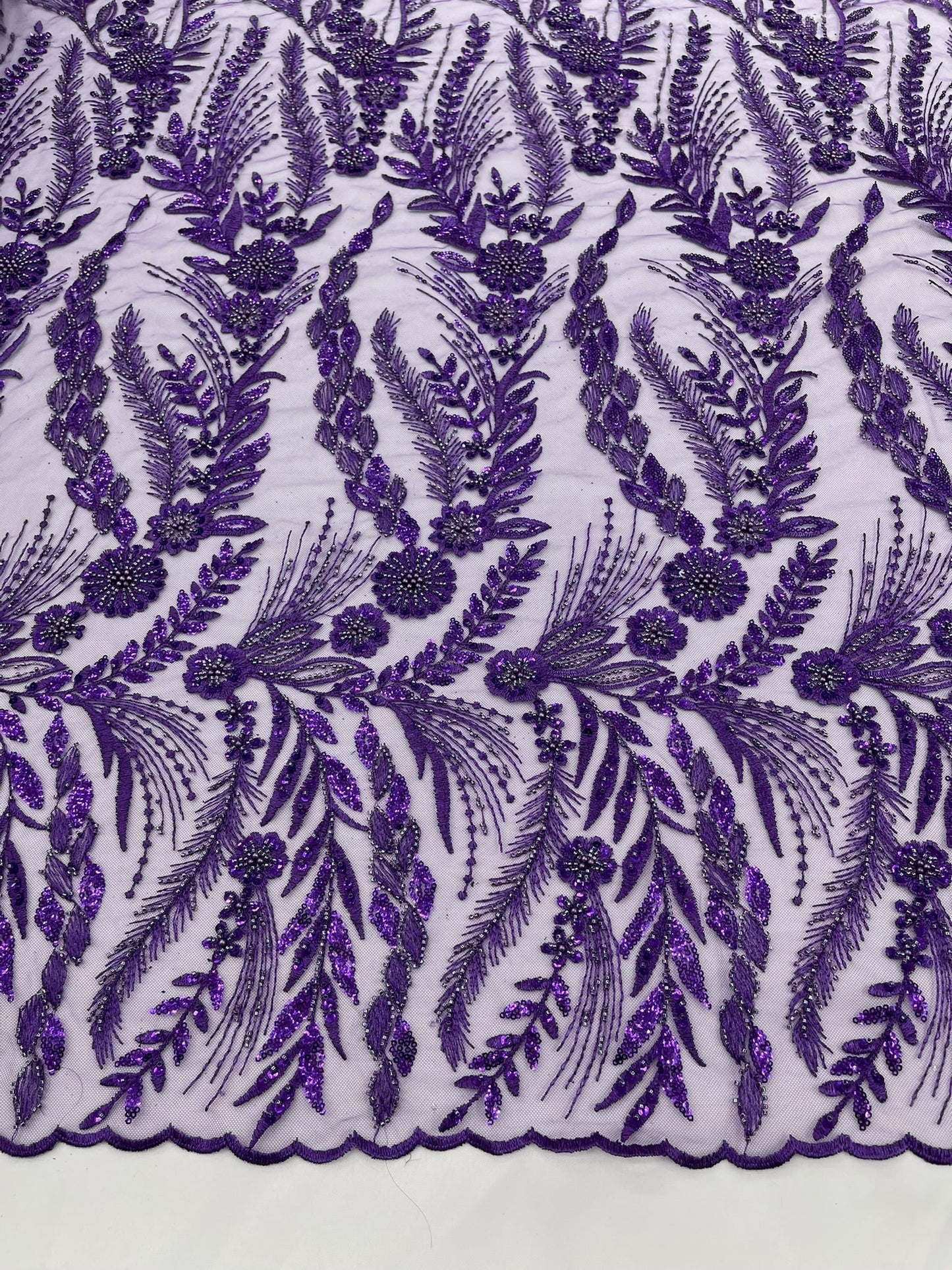 Feather and Vine Beaded Lace Fabric 54” Wide| New Creations Fabric & Foam Inc. - New Creations Fabric & Foam Inc