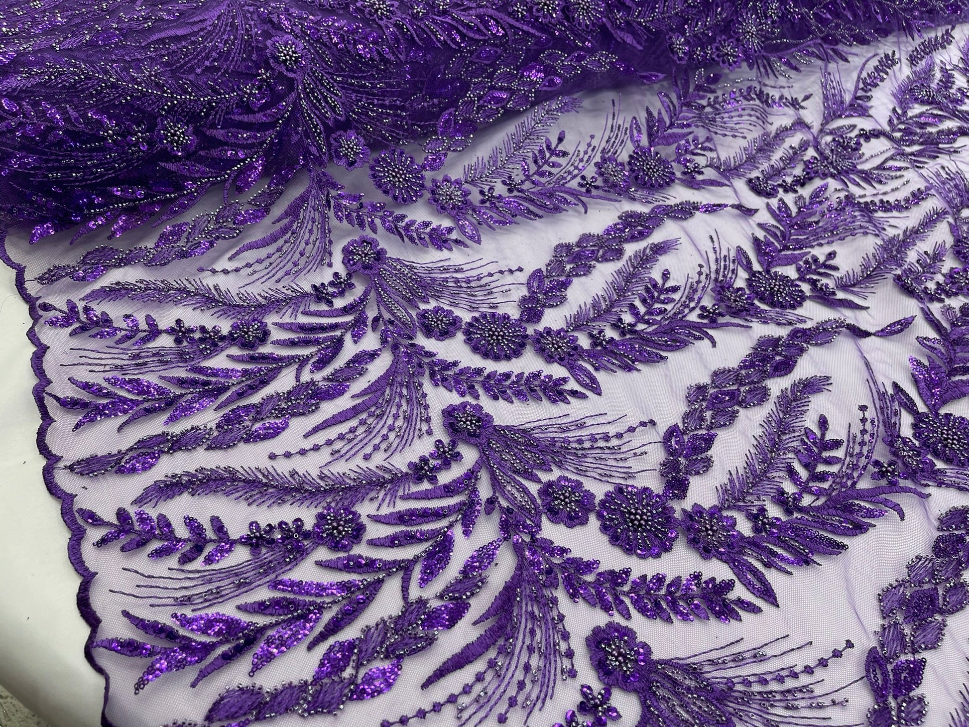 Feather and Vine Beaded Lace Fabric 54” Wide| New Creations Fabric & Foam Inc. - New Creations Fabric & Foam Inc