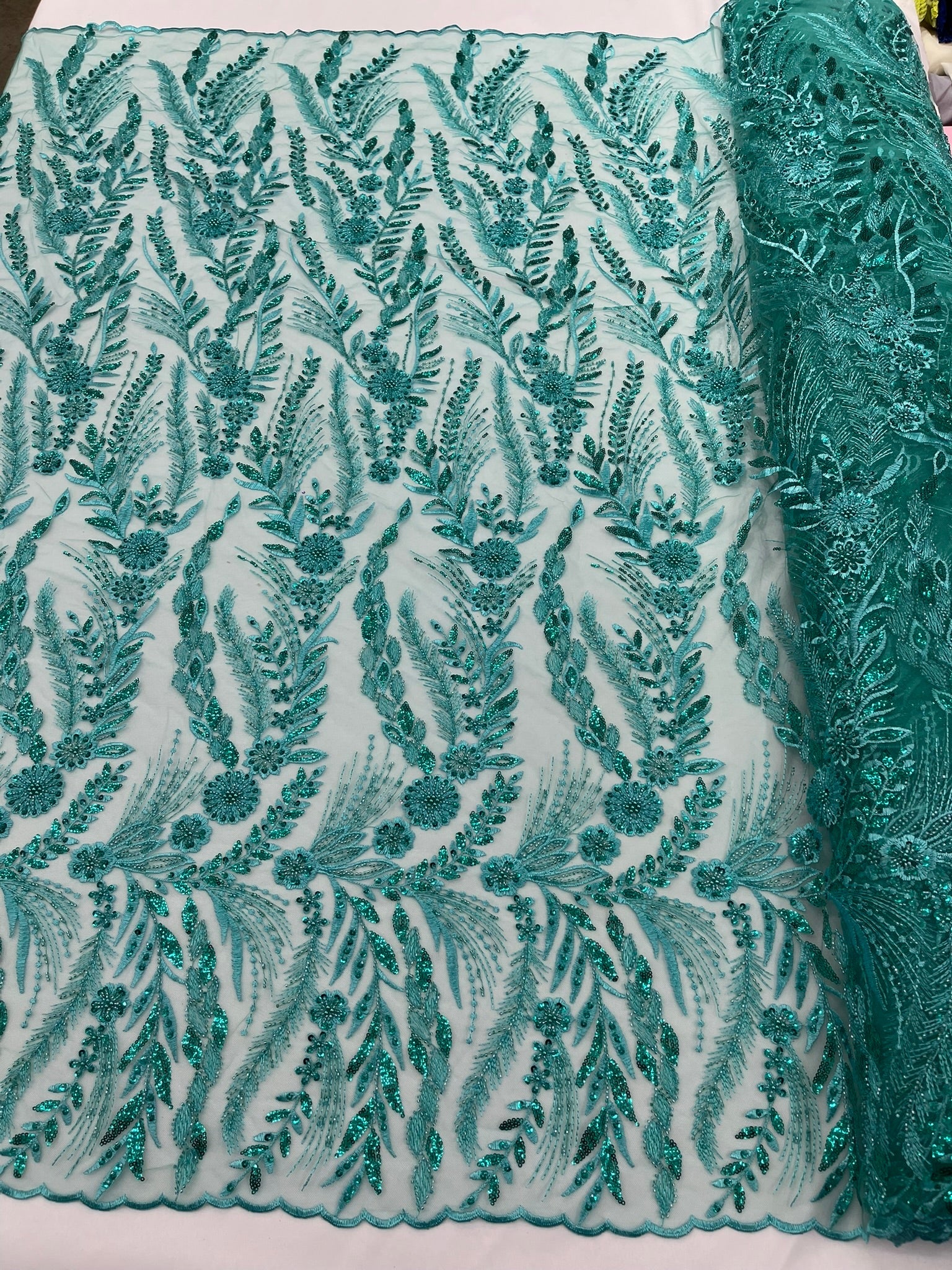 Feather and Vine Beaded Lace Fabric 54” Wide| New Creations Fabric & Foam Inc. - New Creations Fabric & Foam Inc
