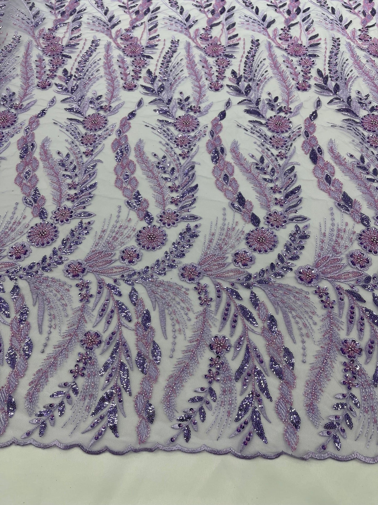Feather and Vine Beaded Lace Fabric 54” Wide| New Creations Fabric & Foam Inc. - New Creations Fabric & Foam Inc