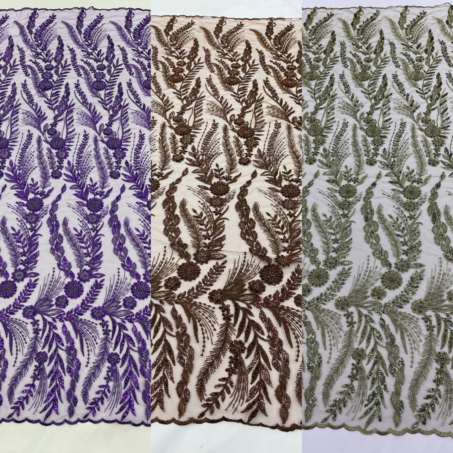 Feather and Vine Beaded Lace Fabric 54” Wide| New Creations Fabric & Foam Inc. - New Creations Fabric & Foam Inc