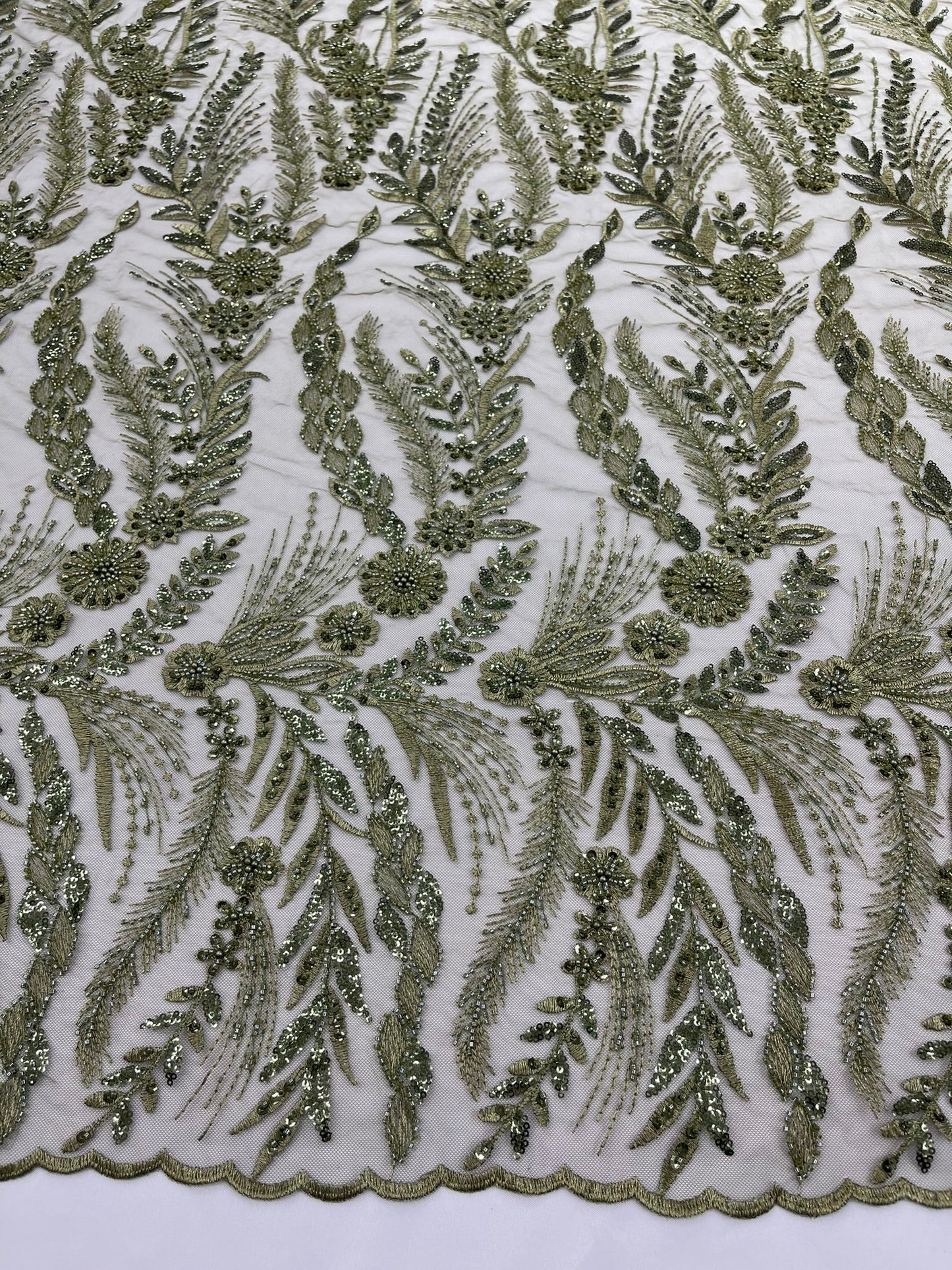 Feather and Vine Beaded Lace Fabric 54” Wide| New Creations Fabric & Foam Inc. - New Creations Fabric & Foam Inc
