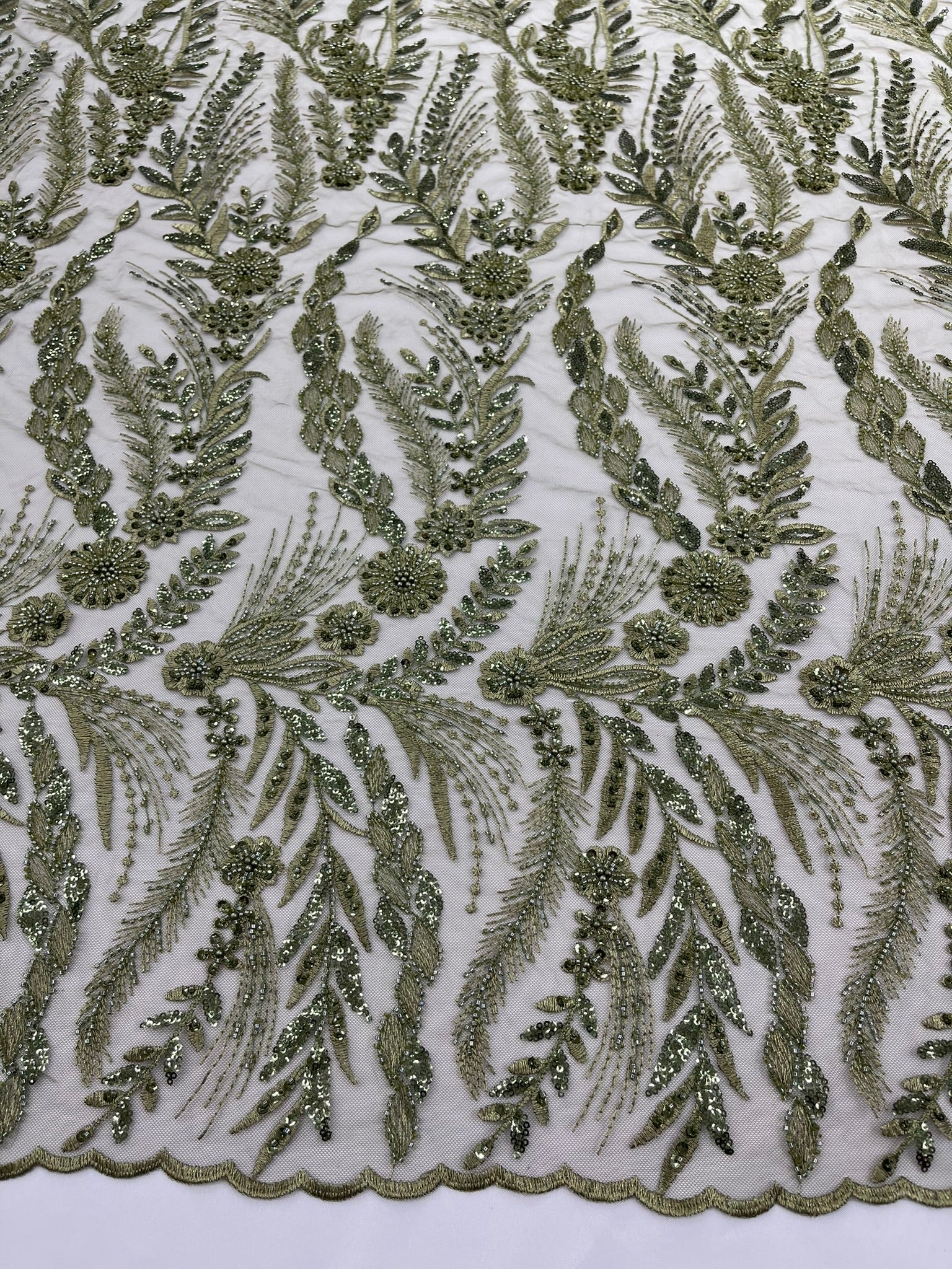 Feather and Vine Beaded Lace Fabric 54” Wide| New Creations Fabric & Foam Inc. - New Creations Fabric & Foam Inc