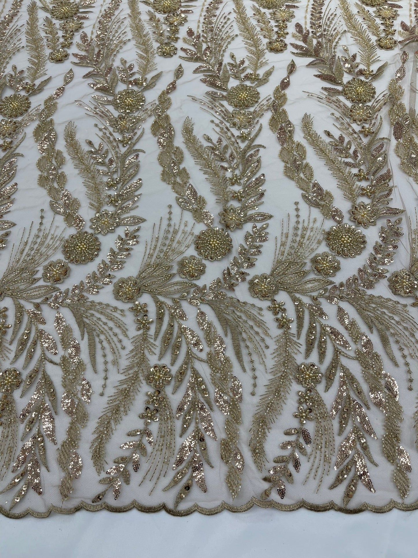 Feather and Vine Beaded Lace Fabric 54” Wide| New Creations Fabric & Foam Inc. - New Creations Fabric & Foam Inc
