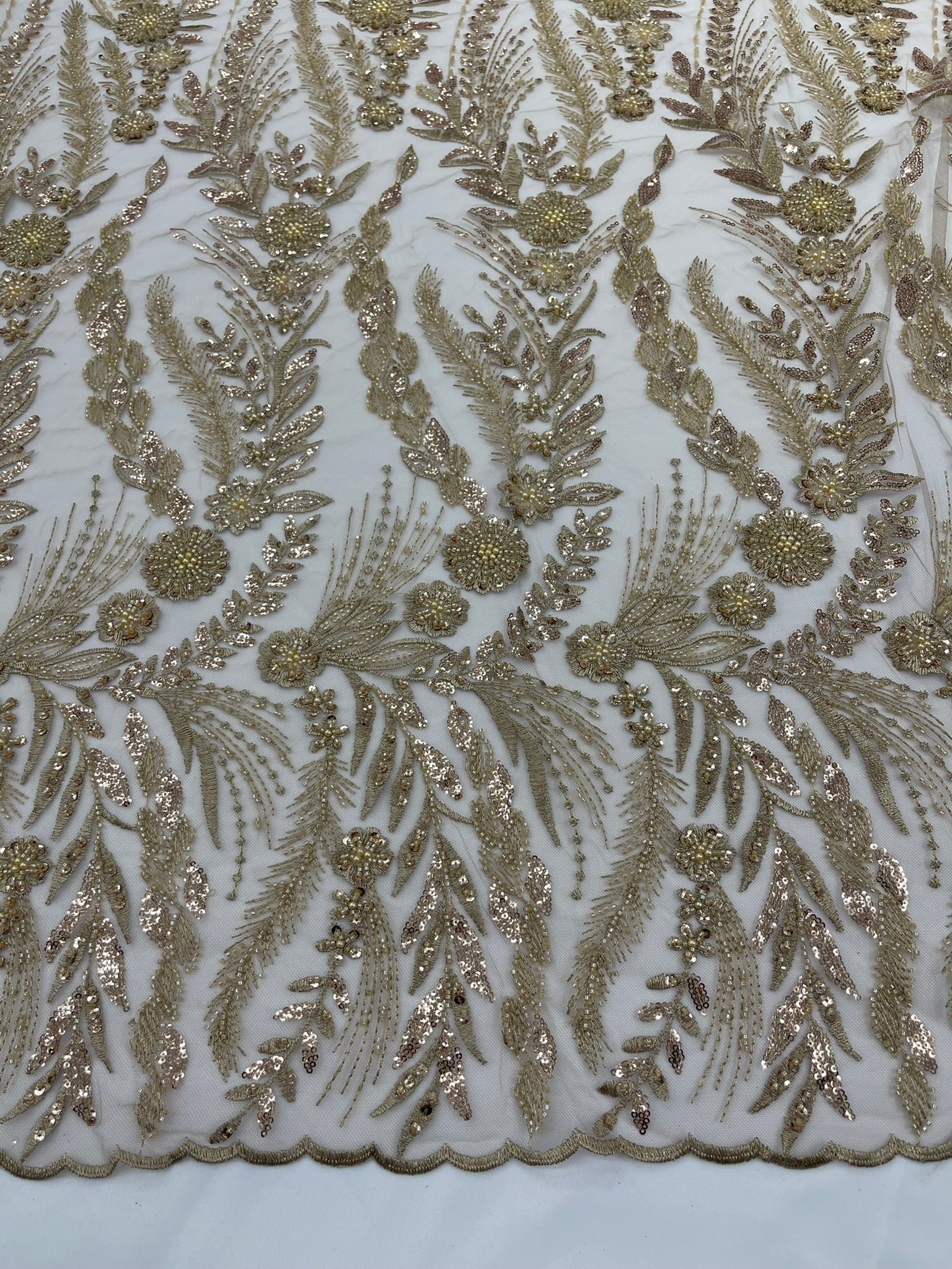 Feather and Vine Beaded Lace Fabric 54” Wide| New Creations Fabric & Foam Inc. - New Creations Fabric & Foam Inc