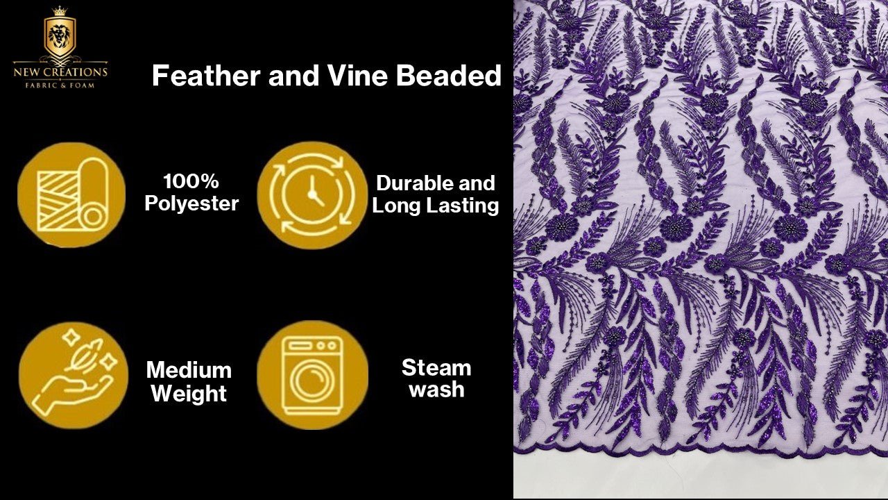 Feather and Vine Beaded Lace Fabric 54” Wide| New Creations Fabric & Foam Inc. - New Creations Fabric & Foam Inc