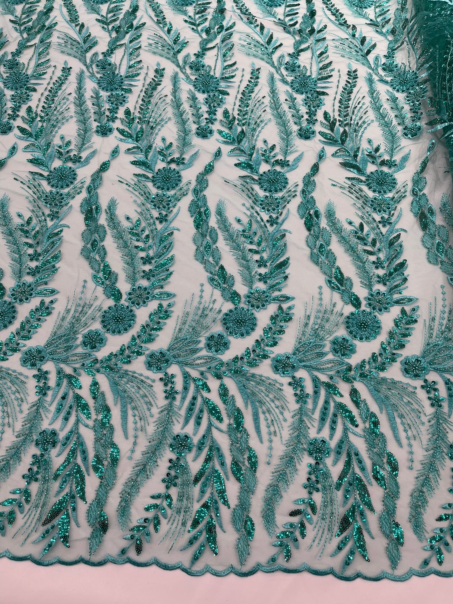 Feather and Vine Beaded Lace Fabric 54” Wide| New Creations Fabric & Foam Inc. - New Creations Fabric & Foam Inc