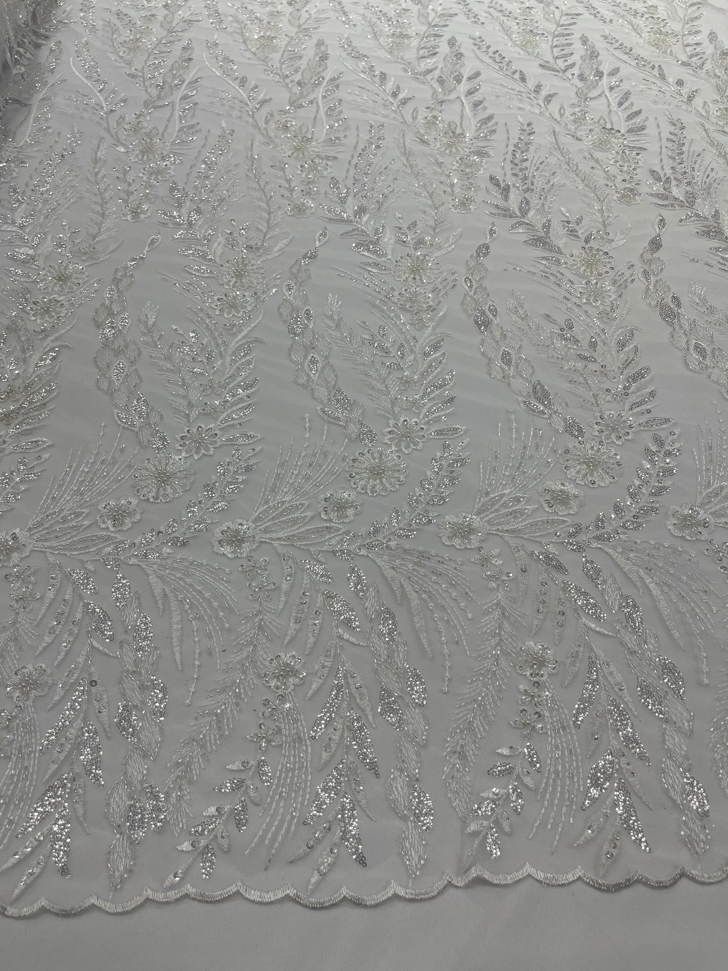 Feather and Vine Beaded Lace Fabric 54” Wide| New Creations Fabric & Foam Inc. - New Creations Fabric & Foam Inc