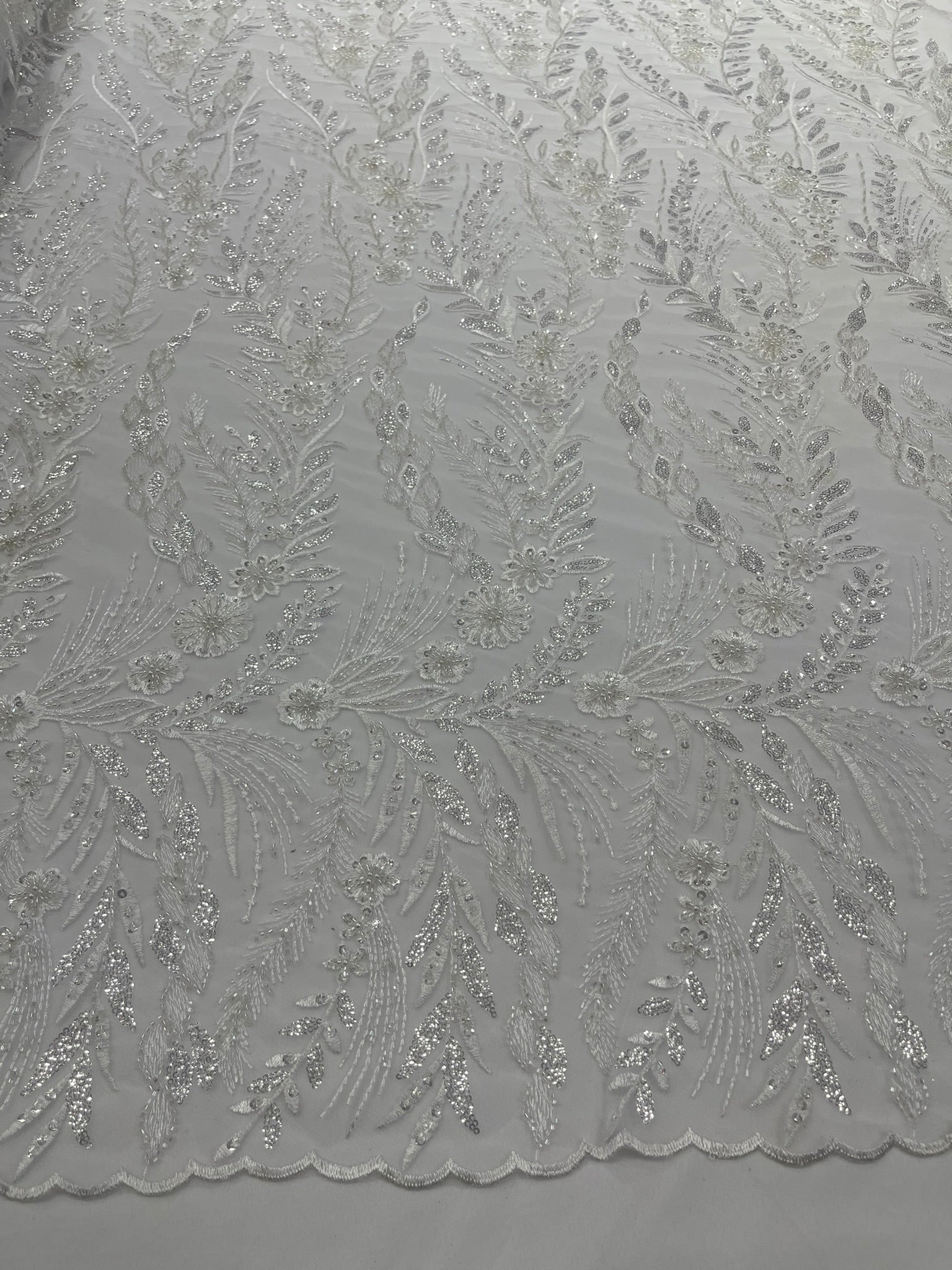 Feather and Vine Beaded Lace Fabric 54” Wide| New Creations Fabric & Foam Inc. - New Creations Fabric & Foam Inc