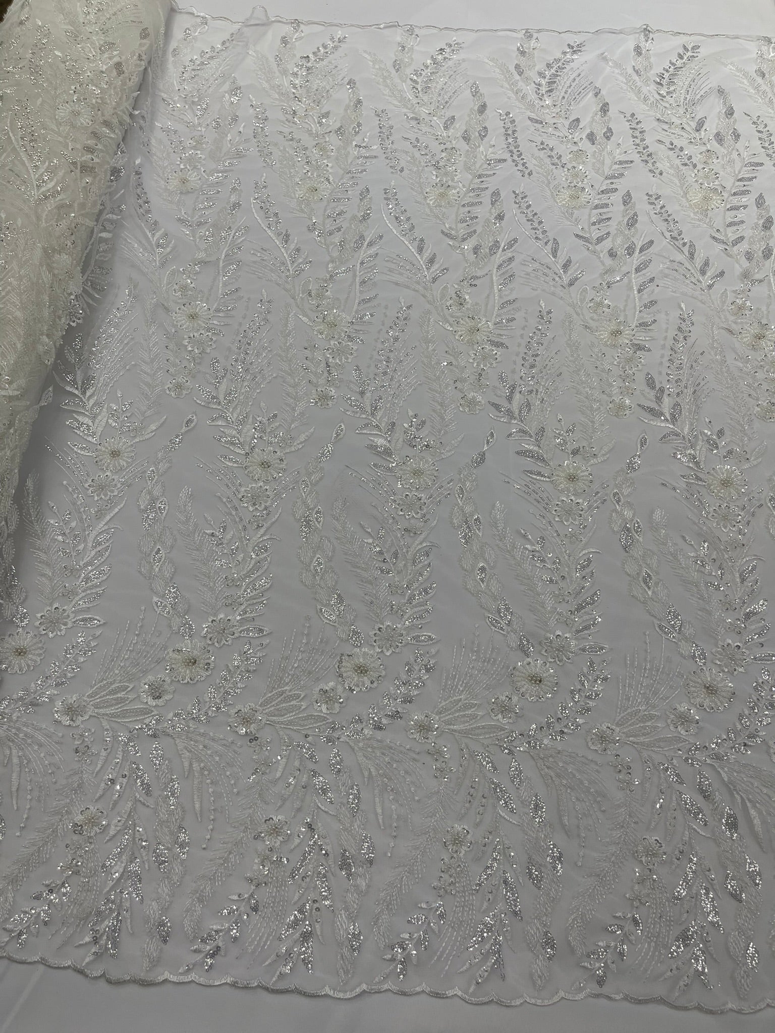 Feather and Vine Beaded Lace Fabric 54” Wide| New Creations Fabric & Foam Inc. - New Creations Fabric & Foam Inc