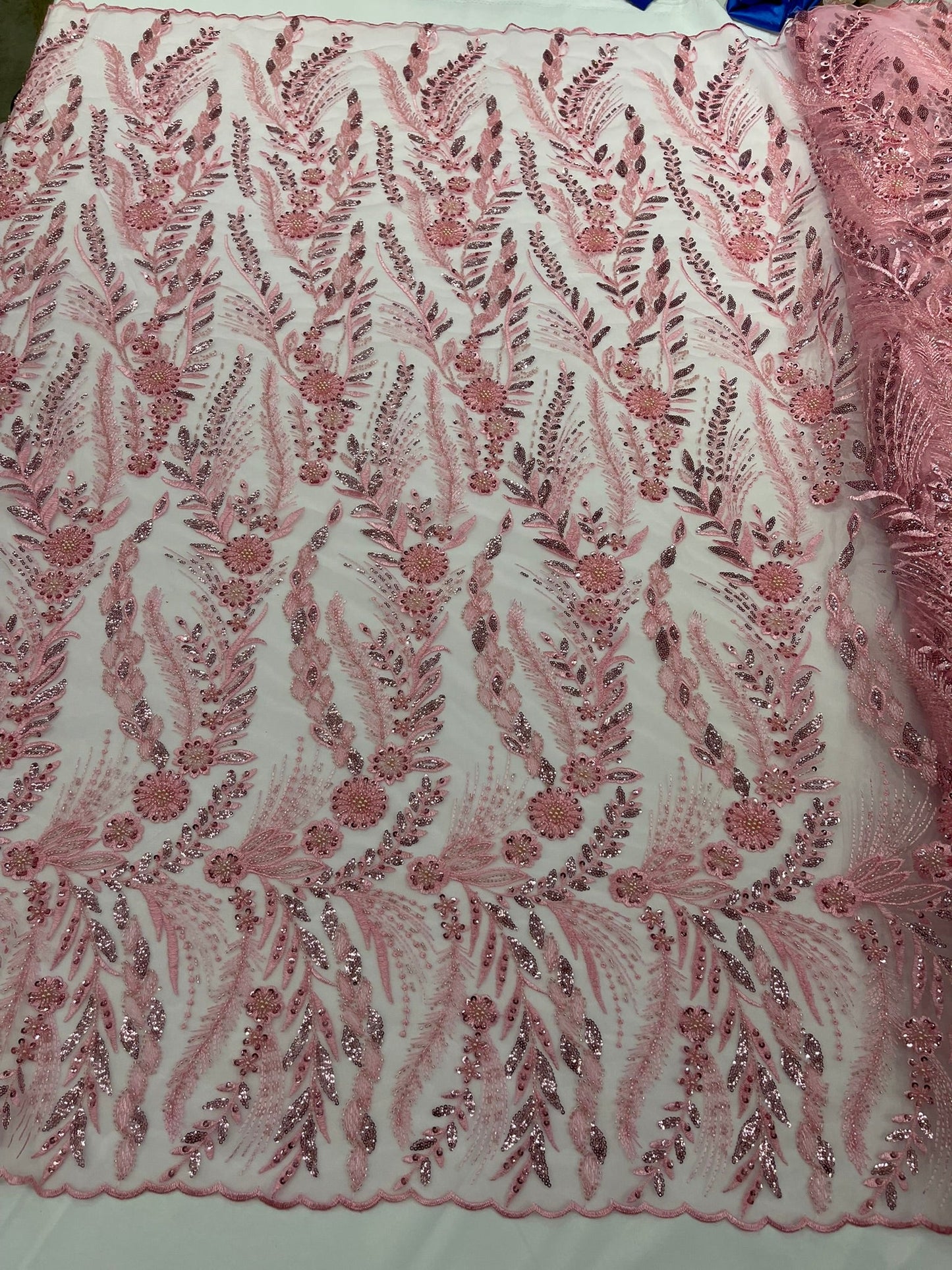 Feather and Vine Beaded Lace Fabric 54” Wide| New Creations Fabric & Foam Inc. - New Creations Fabric & Foam Inc