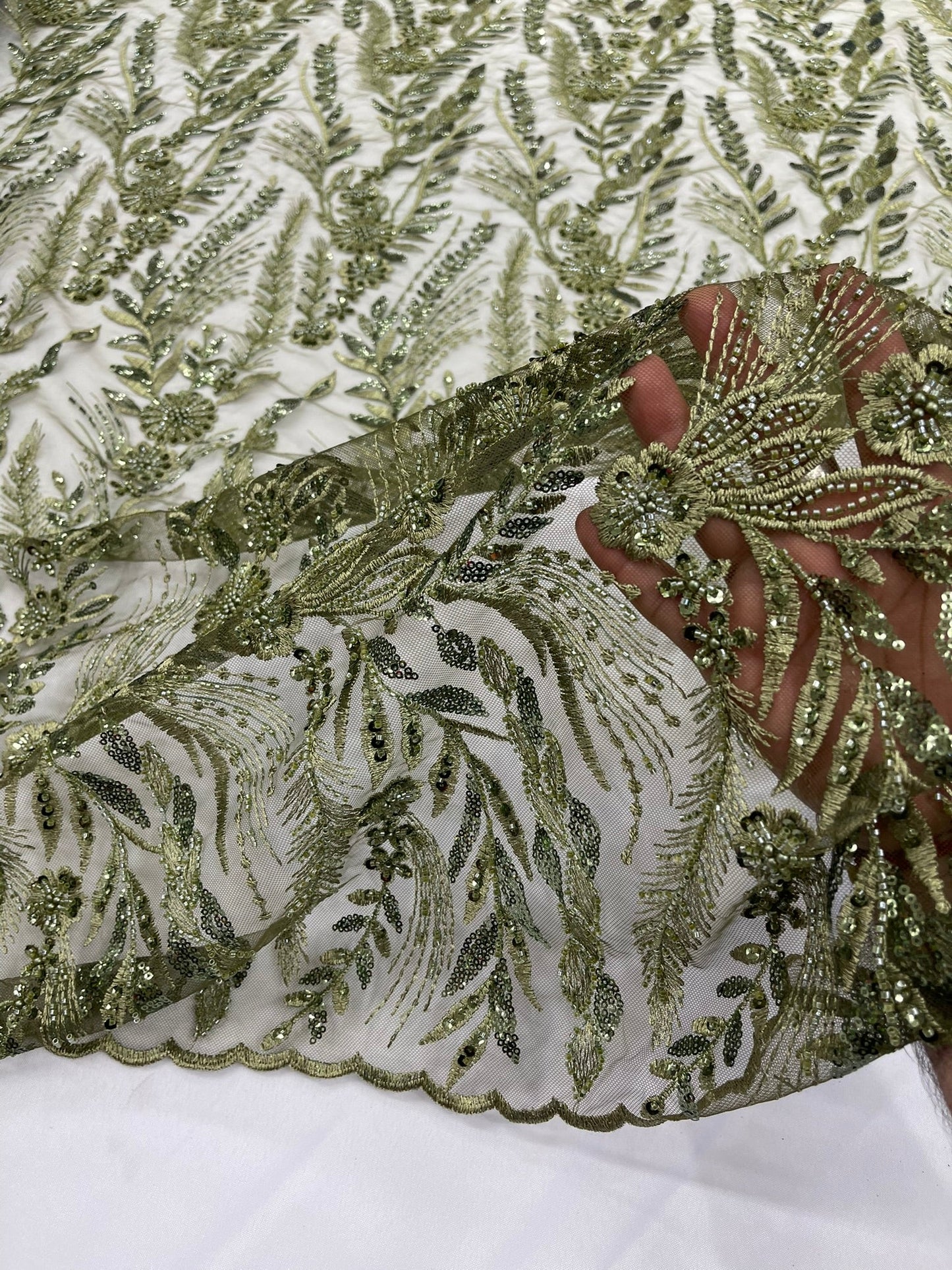 Feather and Vine Beaded Lace Fabric 54” Wide| New Creations Fabric & Foam Inc. - New Creations Fabric & Foam Inc