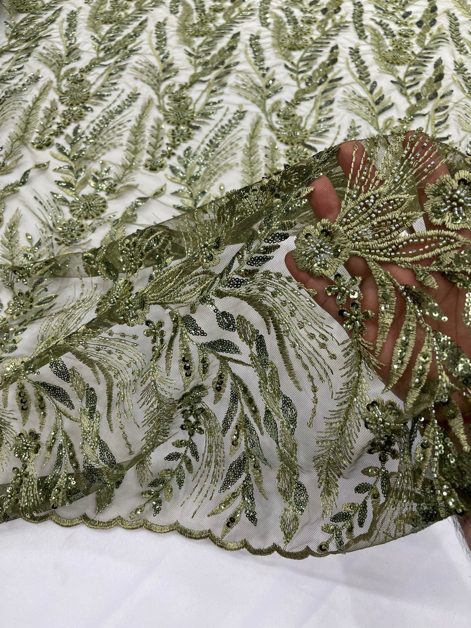 Feather and Vine Beaded Lace Fabric 54” Wide| New Creations Fabric & Foam Inc. - New Creations Fabric & Foam Inc