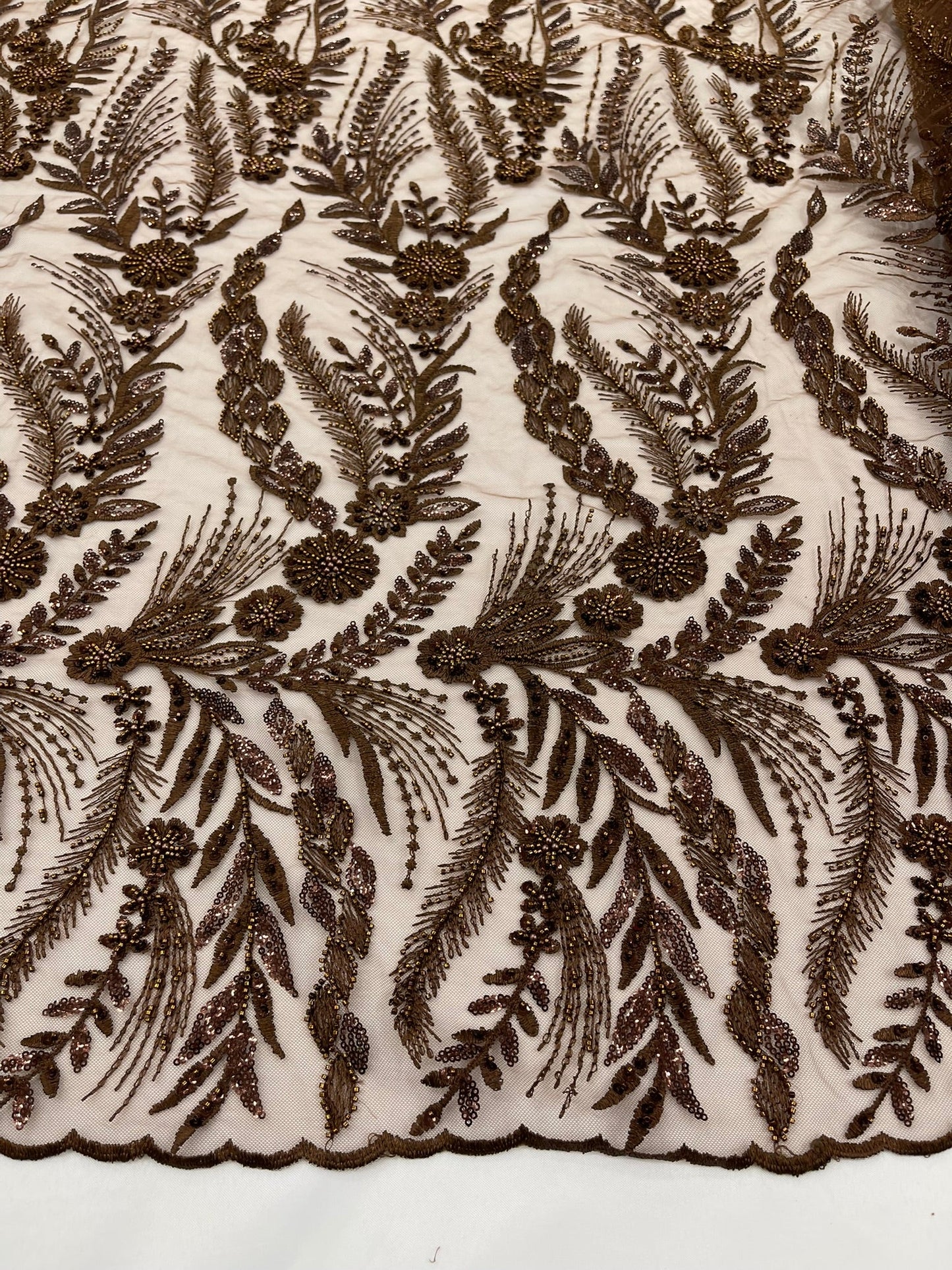 Feather and Vine Beaded Lace Fabric 54” Wide| New Creations Fabric & Foam Inc. - New Creations Fabric & Foam Inc