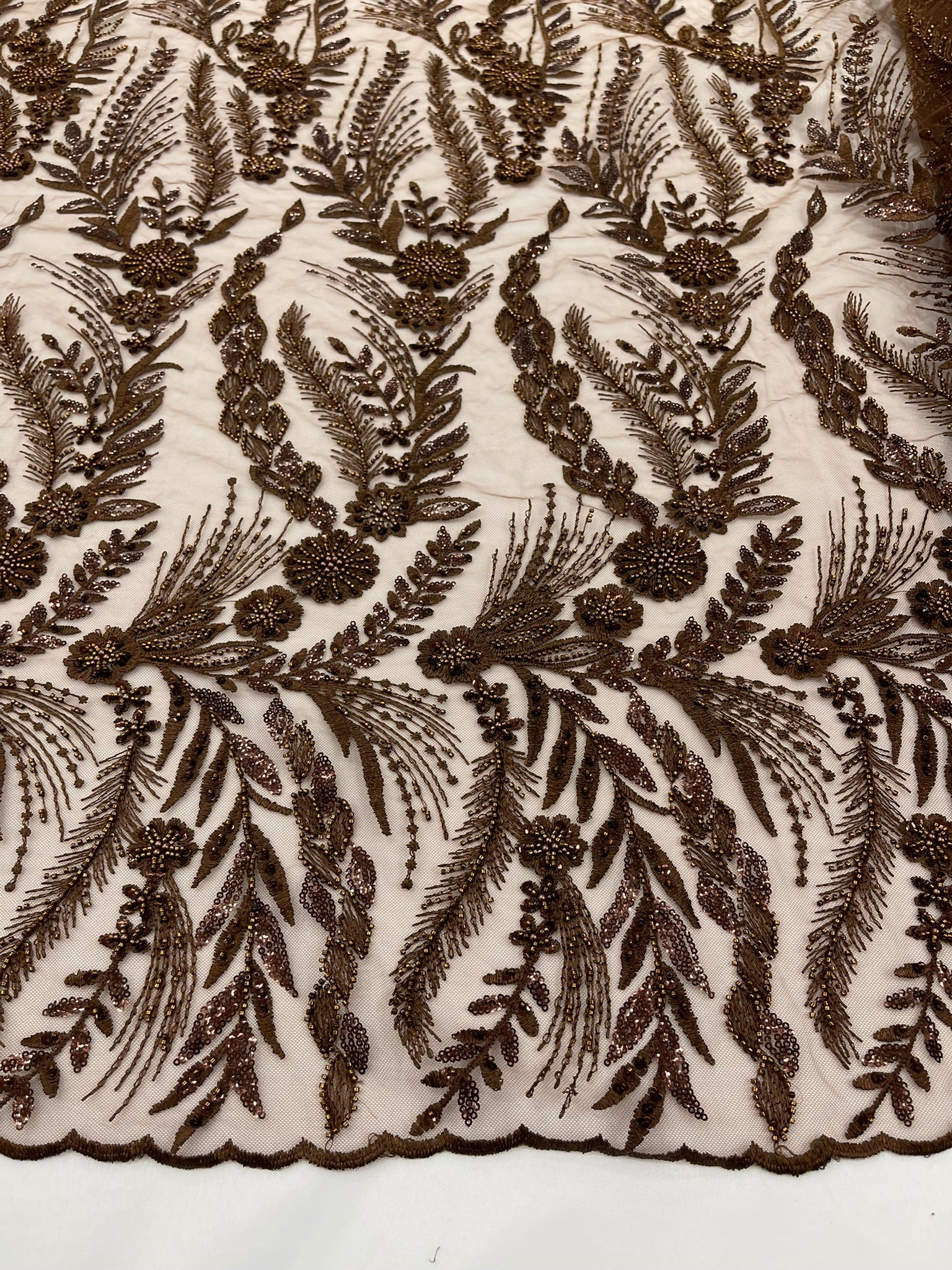 Feather and Vine Beaded Lace Fabric 54” Wide| New Creations Fabric & Foam Inc. - New Creations Fabric & Foam Inc