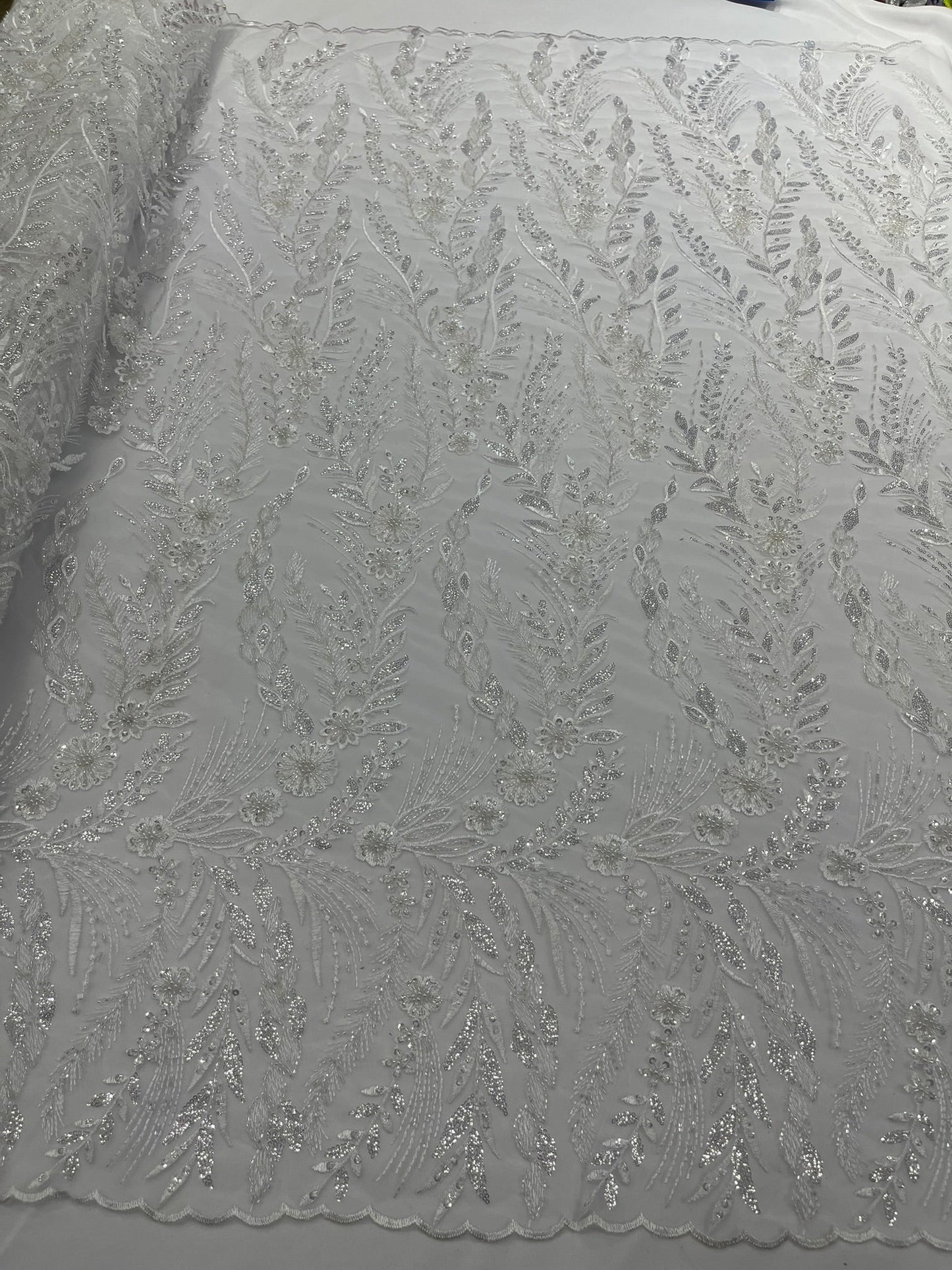 Feather and Vine Beaded Lace Fabric 54” Wide| New Creations Fabric & Foam Inc. - New Creations Fabric & Foam Inc