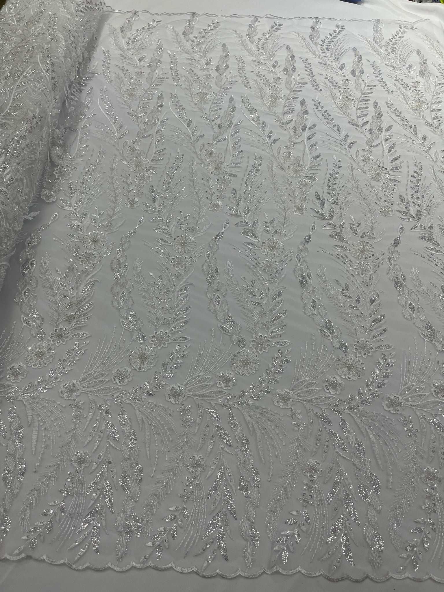 Feather and Vine Beaded Lace Fabric 54” Wide| New Creations Fabric & Foam Inc. - New Creations Fabric & Foam Inc