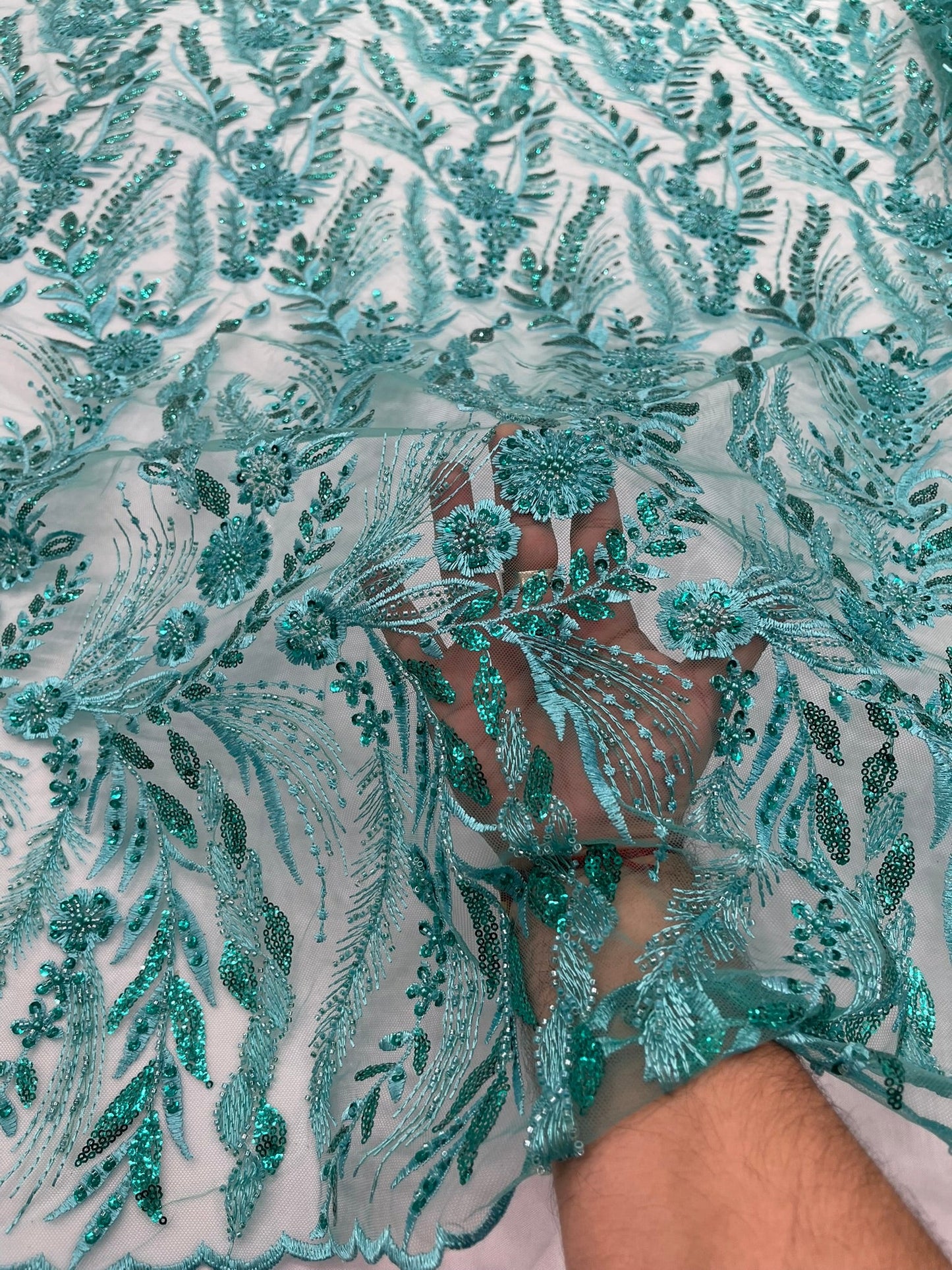 Feather and Vine Beaded Lace Fabric 54” Wide| New Creations Fabric & Foam Inc. - New Creations Fabric & Foam Inc