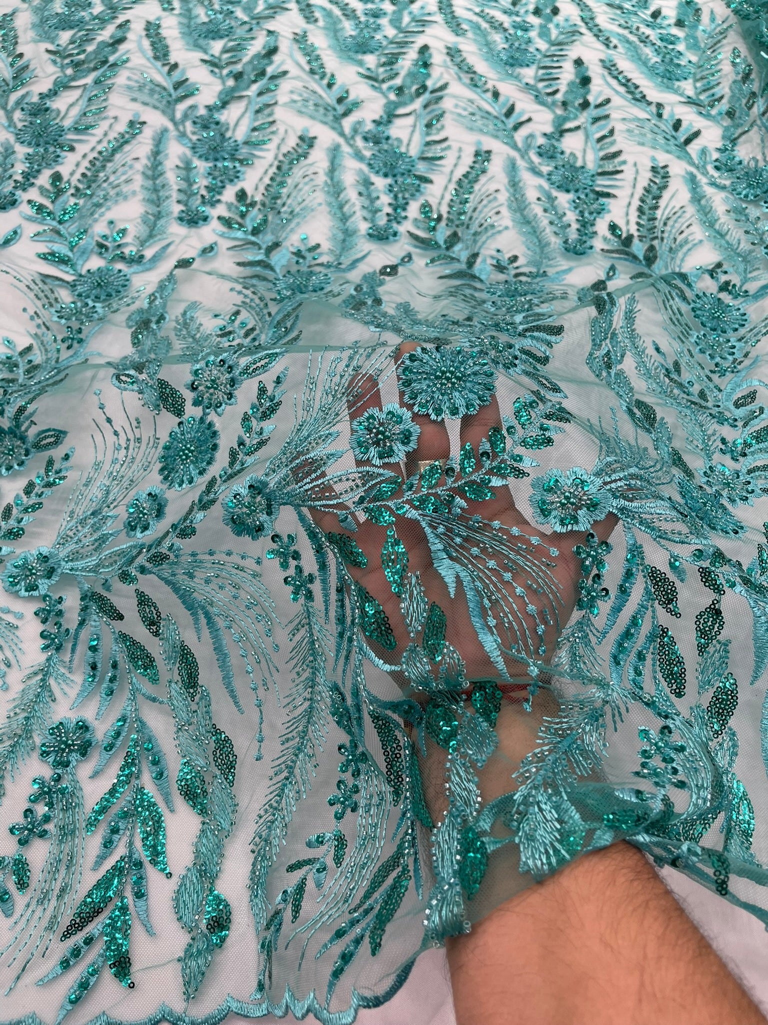 Feather and Vine Beaded Lace Fabric 54” Wide| New Creations Fabric & Foam Inc. - New Creations Fabric & Foam Inc
