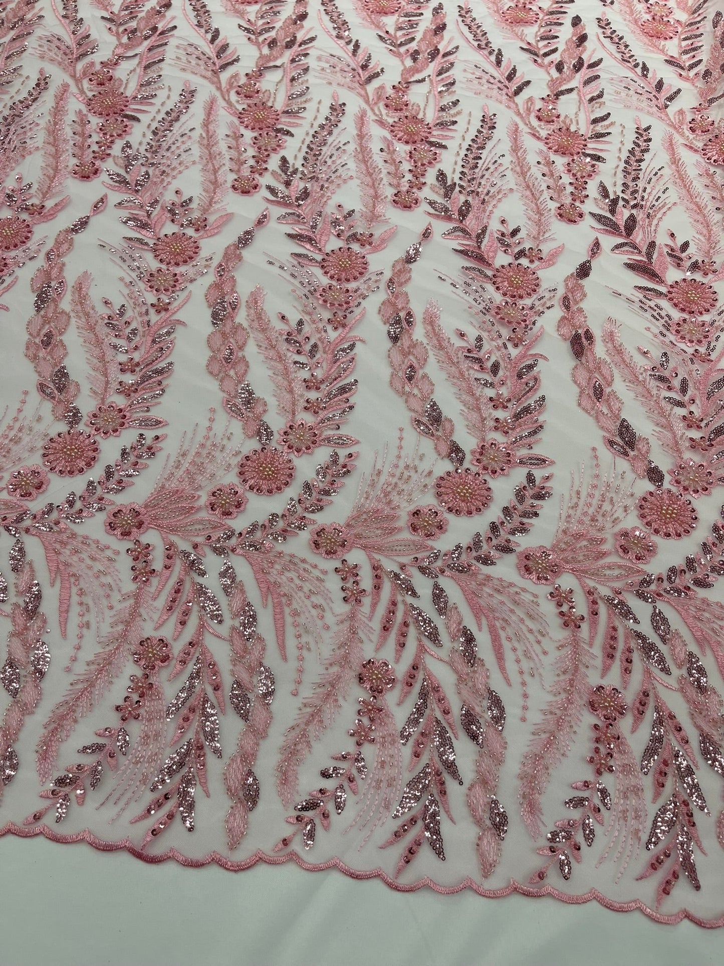 Feather and Vine Beaded Lace Fabric 54” Wide| New Creations Fabric & Foam Inc. - New Creations Fabric & Foam Inc