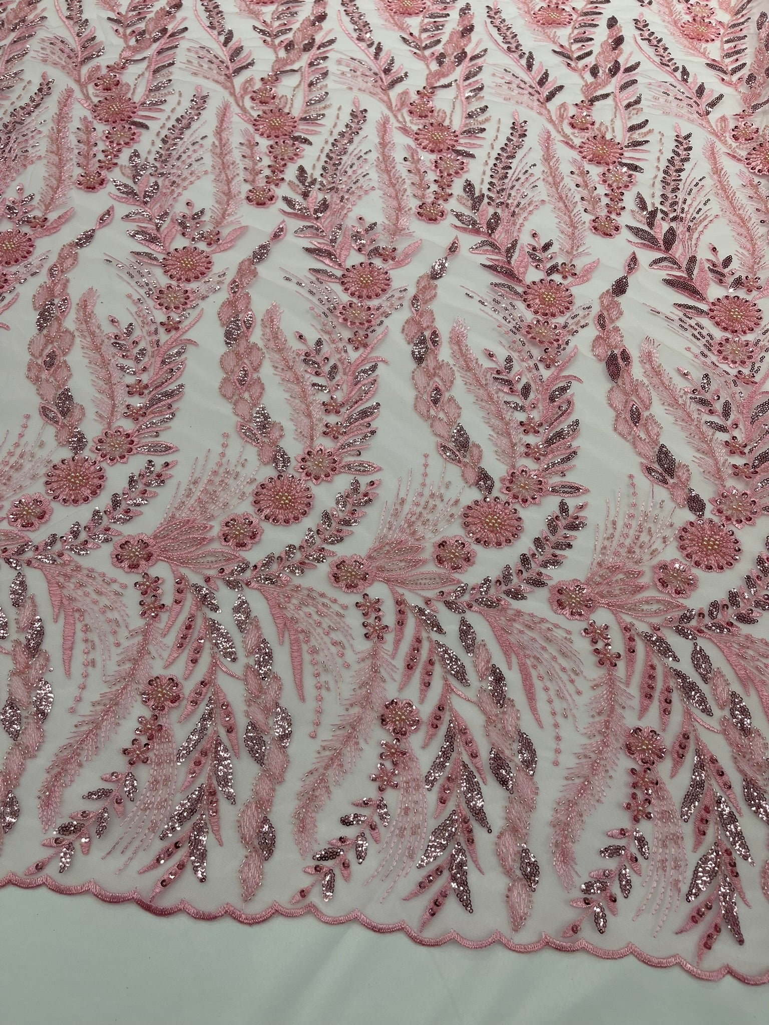 Feather and Vine Beaded Lace Fabric 54” Wide| New Creations Fabric & Foam Inc. - New Creations Fabric & Foam Inc