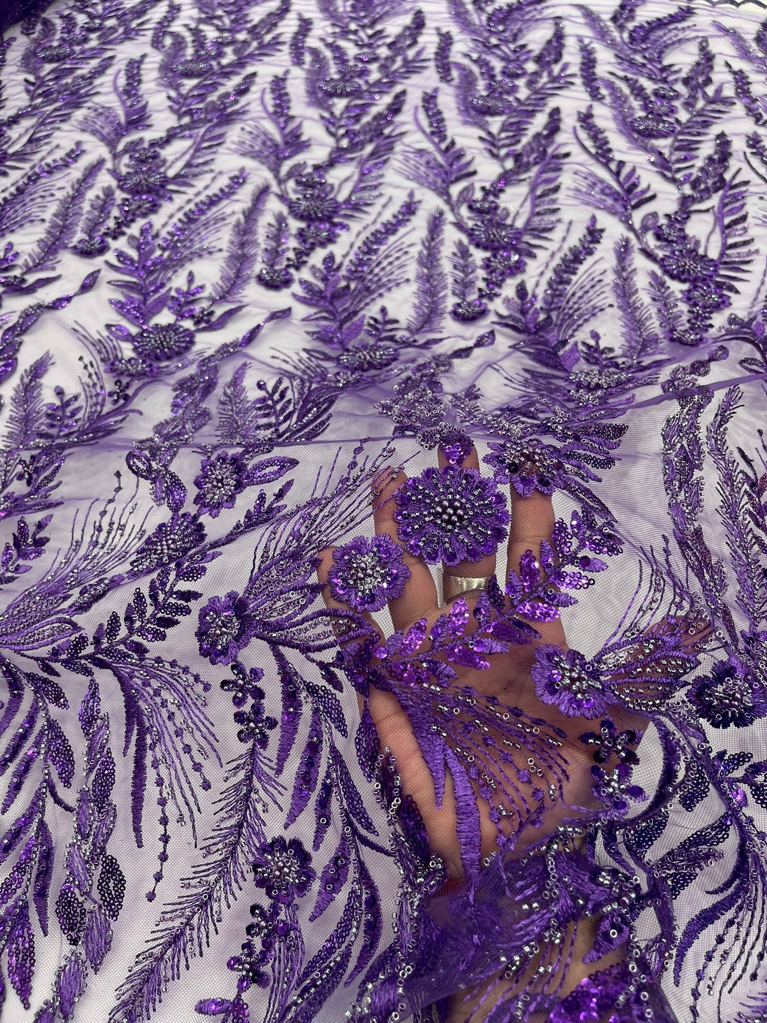 Feather and Vine Beaded Lace Fabric 54” Wide| New Creations Fabric & Foam Inc. - New Creations Fabric & Foam Inc