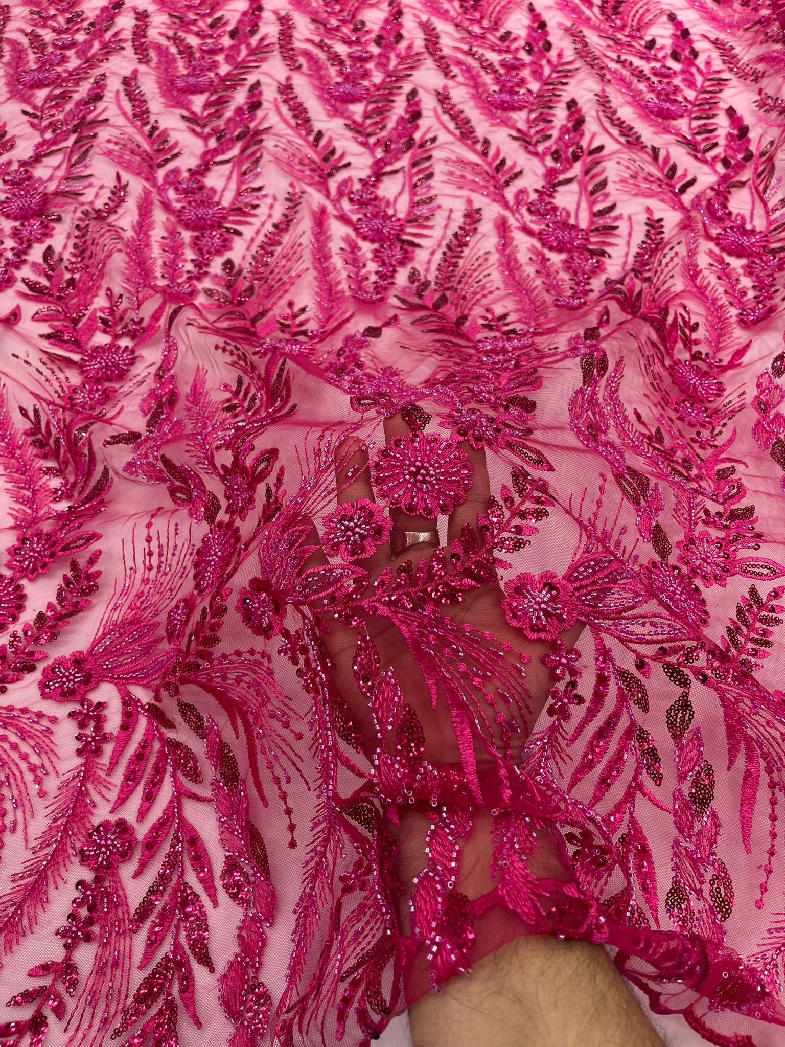 Feather and Vine Beaded Lace Fabric 54” Wide| New Creations Fabric & Foam Inc. - New Creations Fabric & Foam Inc