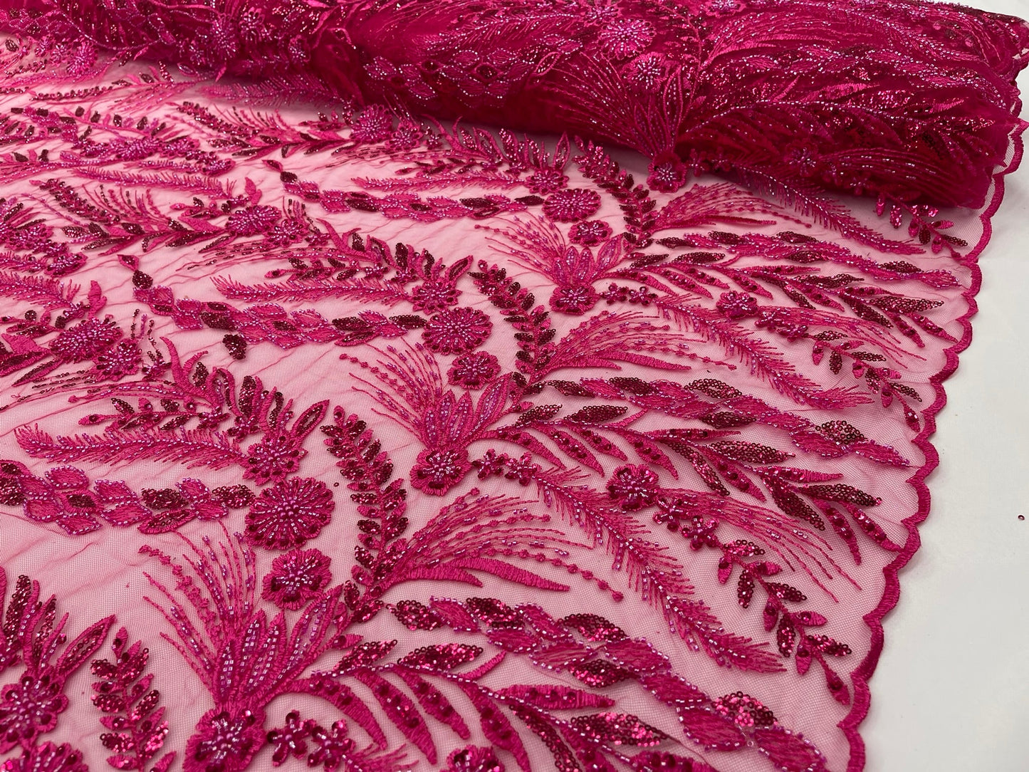 Feather and Vine Beaded Lace Fabric 54” Wide| New Creations Fabric & Foam Inc. - New Creations Fabric & Foam Inc