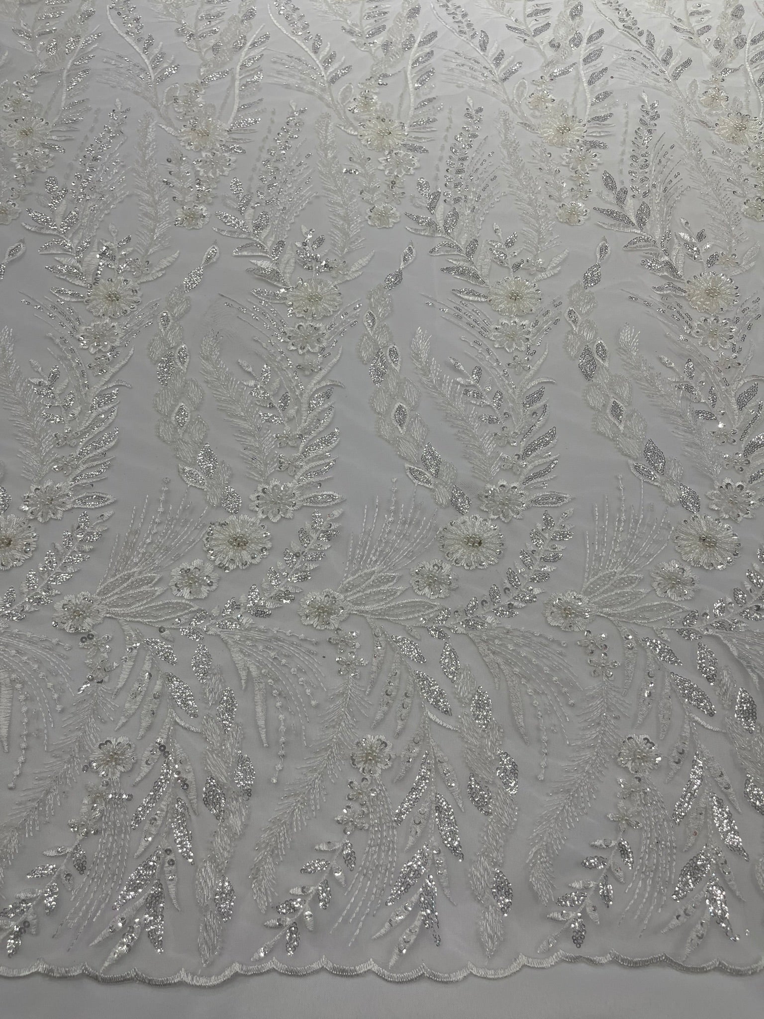 Feather and Vine Beaded Lace Fabric 54” Wide| New Creations Fabric & Foam Inc. - New Creations Fabric & Foam Inc