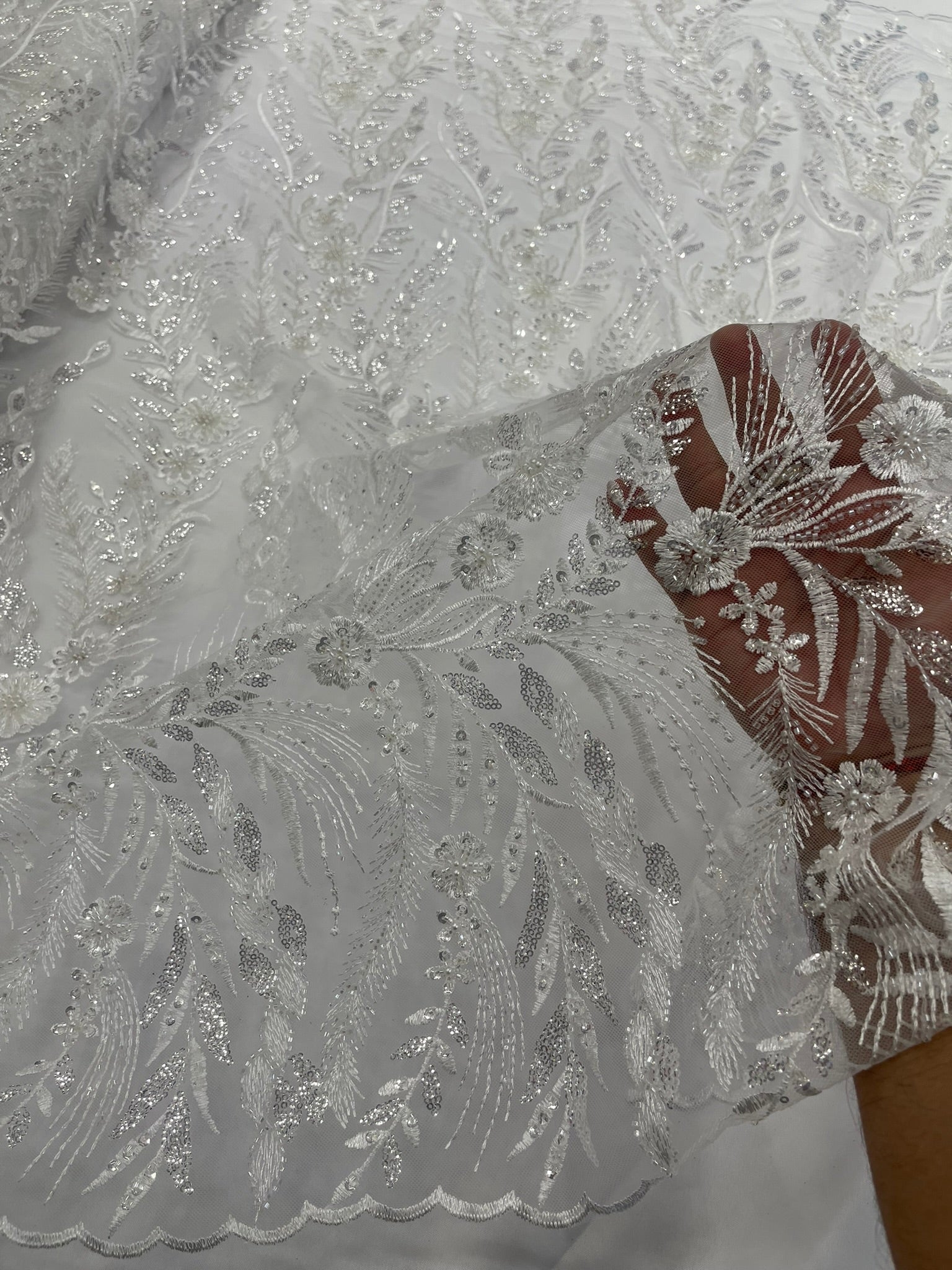 Feather and Vine Beaded Lace Fabric 54” Wide| New Creations Fabric & Foam Inc. - New Creations Fabric & Foam Inc