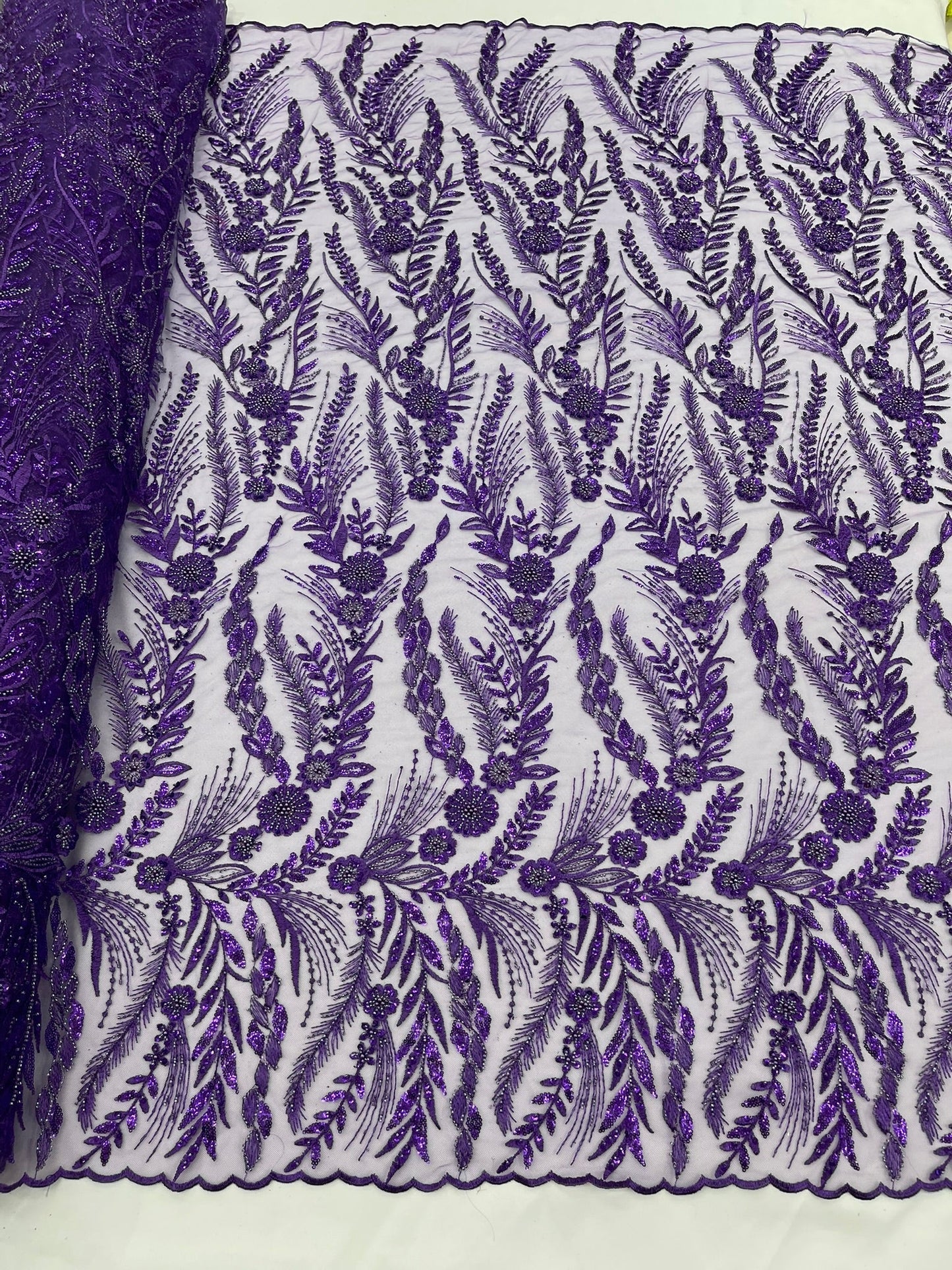 Feather and Vine Beaded Lace Fabric 54” Wide| New Creations Fabric & Foam Inc. - New Creations Fabric & Foam Inc