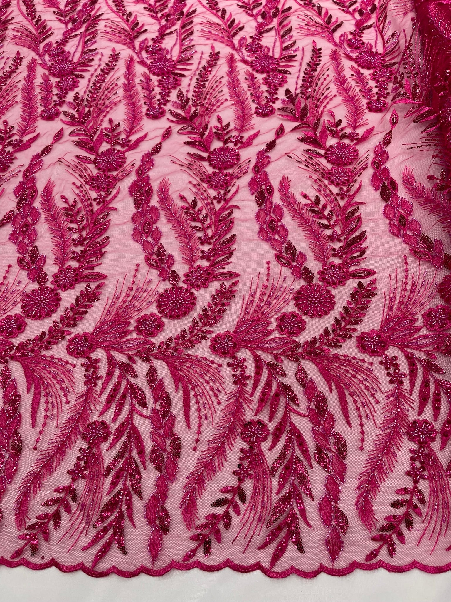 Feather and Vine Beaded Lace Fabric 54” Wide| New Creations Fabric & Foam Inc. - New Creations Fabric & Foam Inc