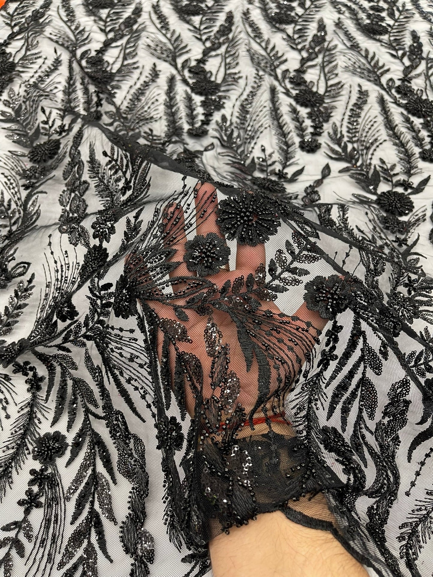 Feather and Vine Beaded Lace Fabric 54” Wide| New Creations Fabric & Foam Inc. - New Creations Fabric & Foam Inc