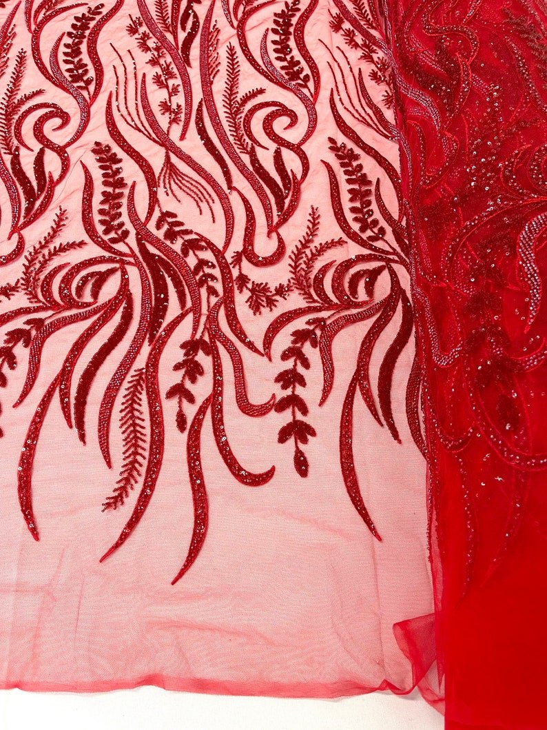 FEATHER BEADED LACE ON MESH FABRIC (By The Yard) - New Creations Fabric & Foam Inc