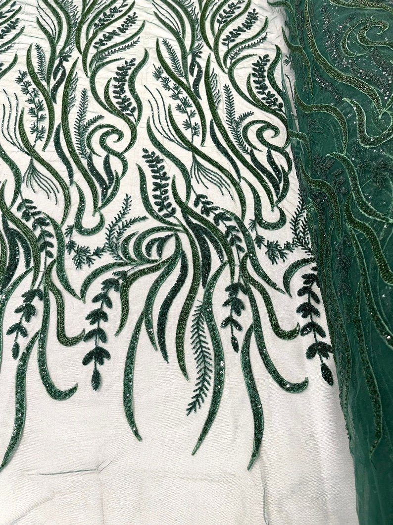 FEATHER BEADED LACE ON MESH FABRIC (By The Yard) - New Creations Fabric & Foam Inc