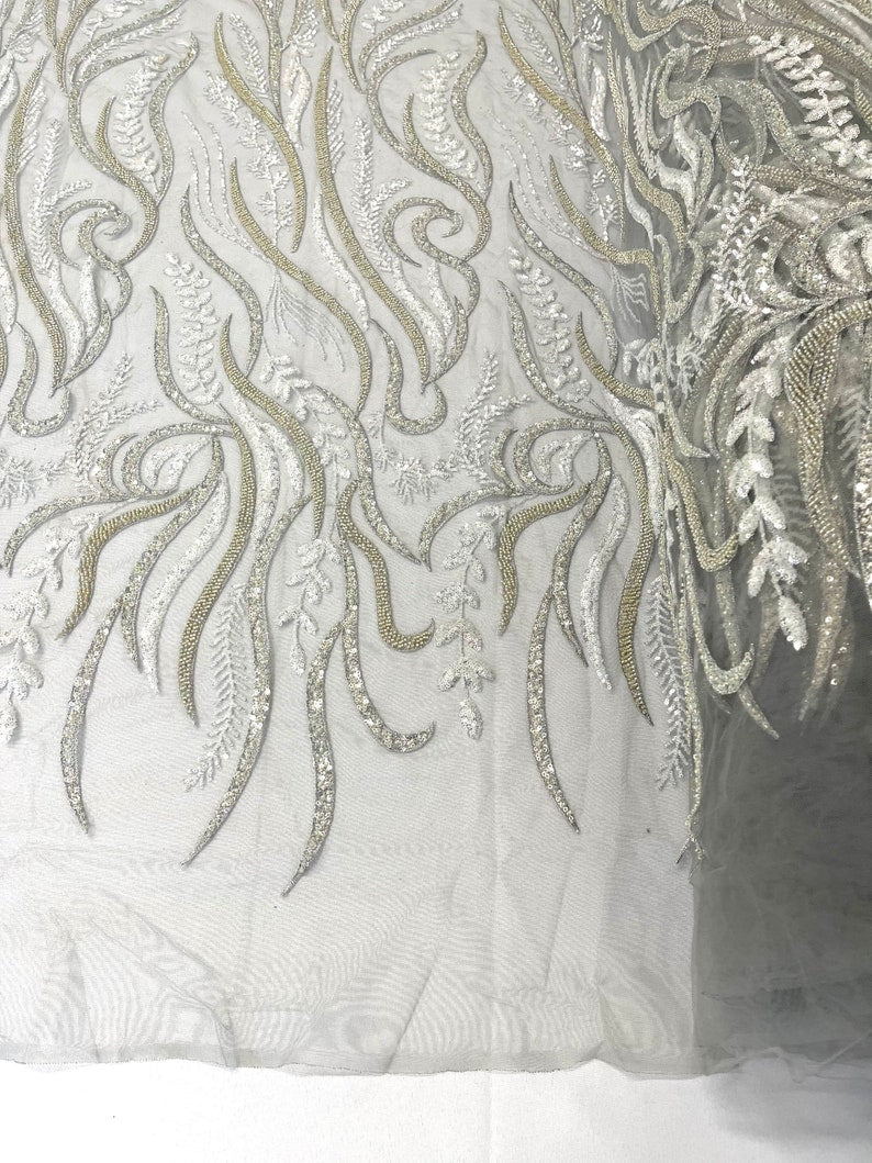 FEATHER BEADED LACE ON MESH FABRIC (By The Yard) - New Creations Fabric & Foam Inc