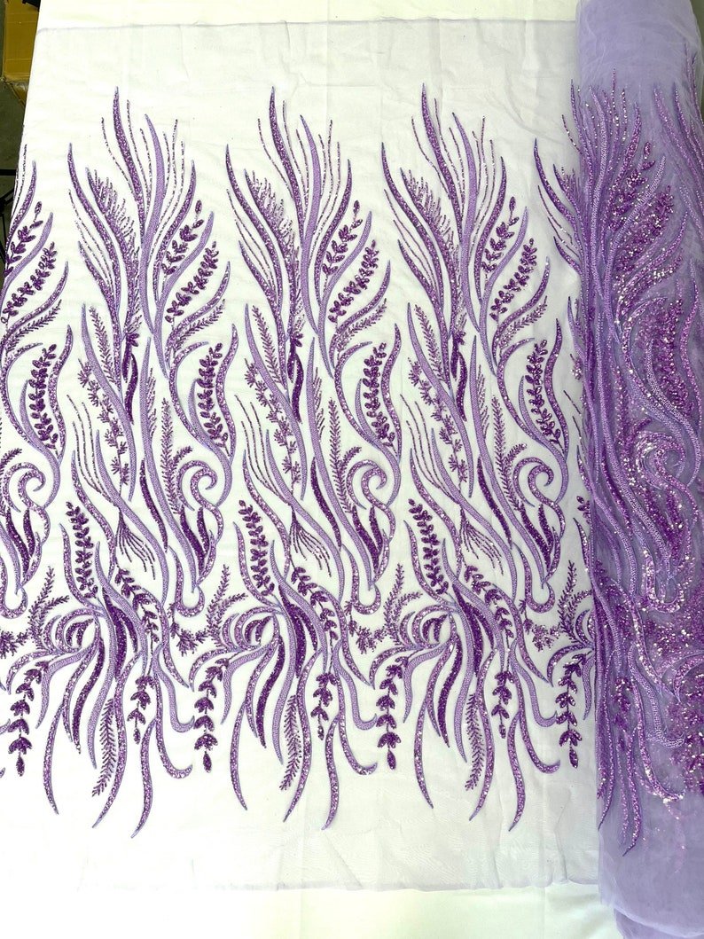 FEATHER BEADED LACE ON MESH FABRIC (By The Yard) - New Creations Fabric & Foam Inc
