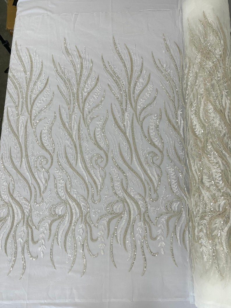 FEATHER BEADED LACE ON MESH FABRIC (By The Yard) - New Creations Fabric & Foam Inc