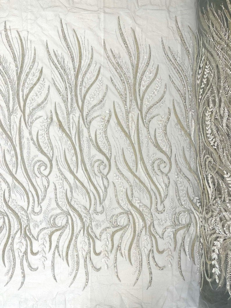 FEATHER BEADED LACE ON MESH FABRIC (By The Yard) - New Creations Fabric & Foam Inc