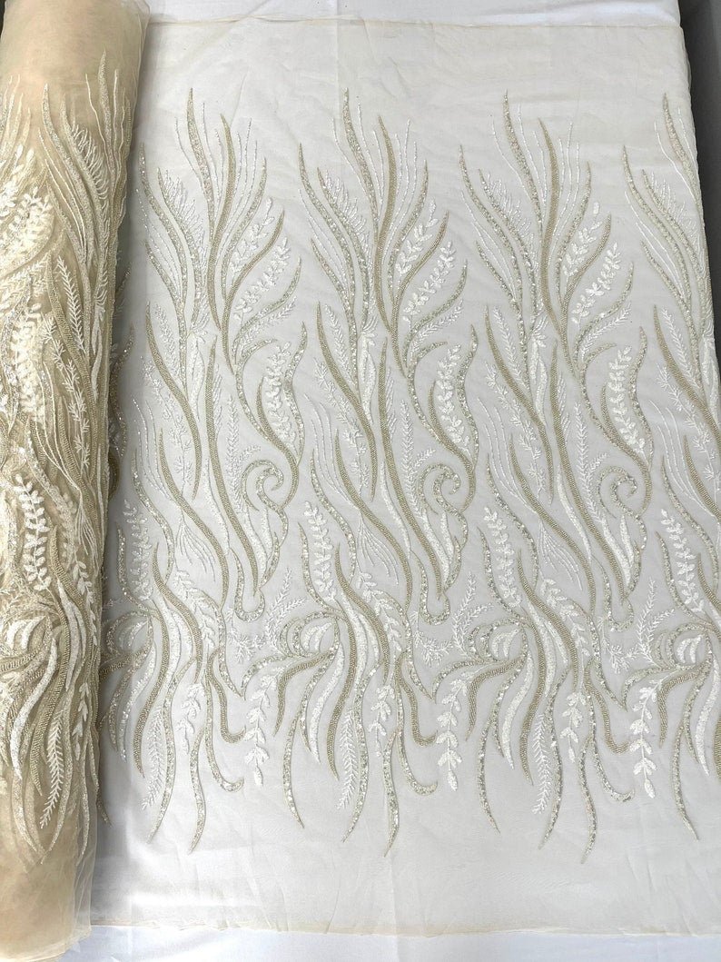 FEATHER BEADED LACE ON MESH FABRIC (By The Yard) - New Creations Fabric & Foam Inc