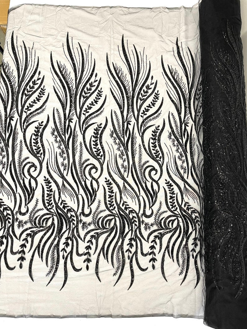 FEATHER BEADED LACE ON MESH FABRIC (By The Yard) - New Creations Fabric & Foam Inc