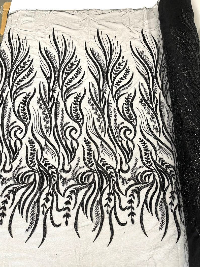 FEATHER BEADED LACE ON MESH FABRIC (By The Yard) - New Creations Fabric & Foam Inc